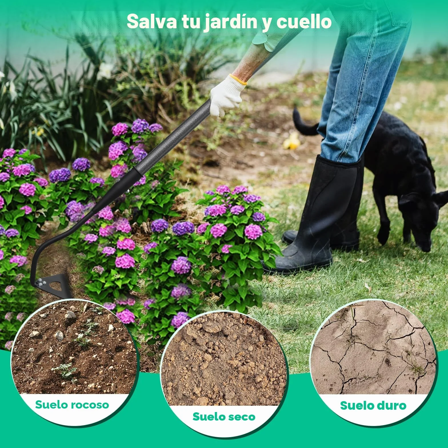 Azada de jardín, azada de jardín con mango de 140 cm, azada hueca endurecida para eliminar malezas, aflojar el suelo, cavar, plantar, hacer surcos, práctico dispositivo para eliminar malezas