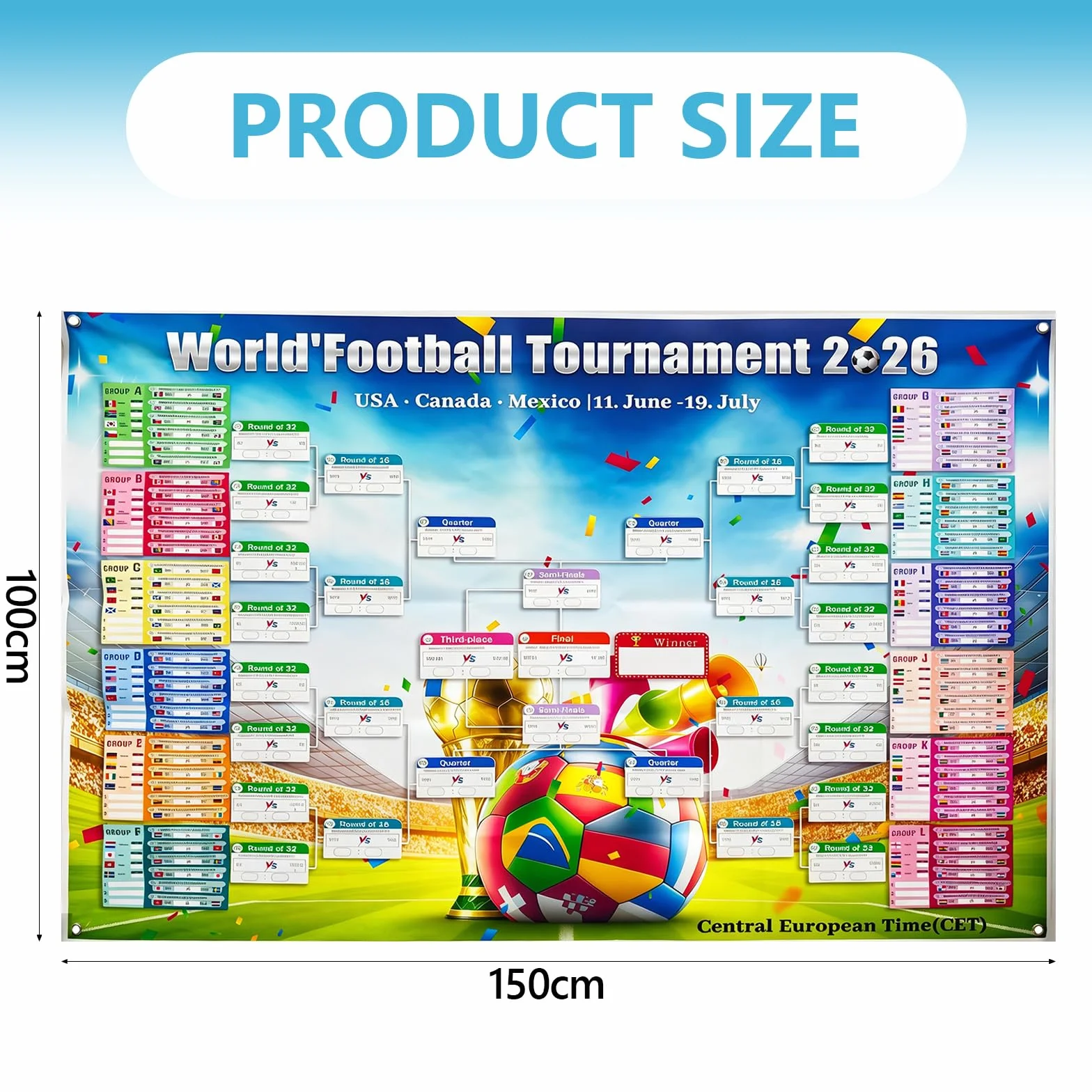 Efymosce Poster Calendario de la Copa del Mundo de Fútbol 2026, 150x100cm, Planificador para Bar