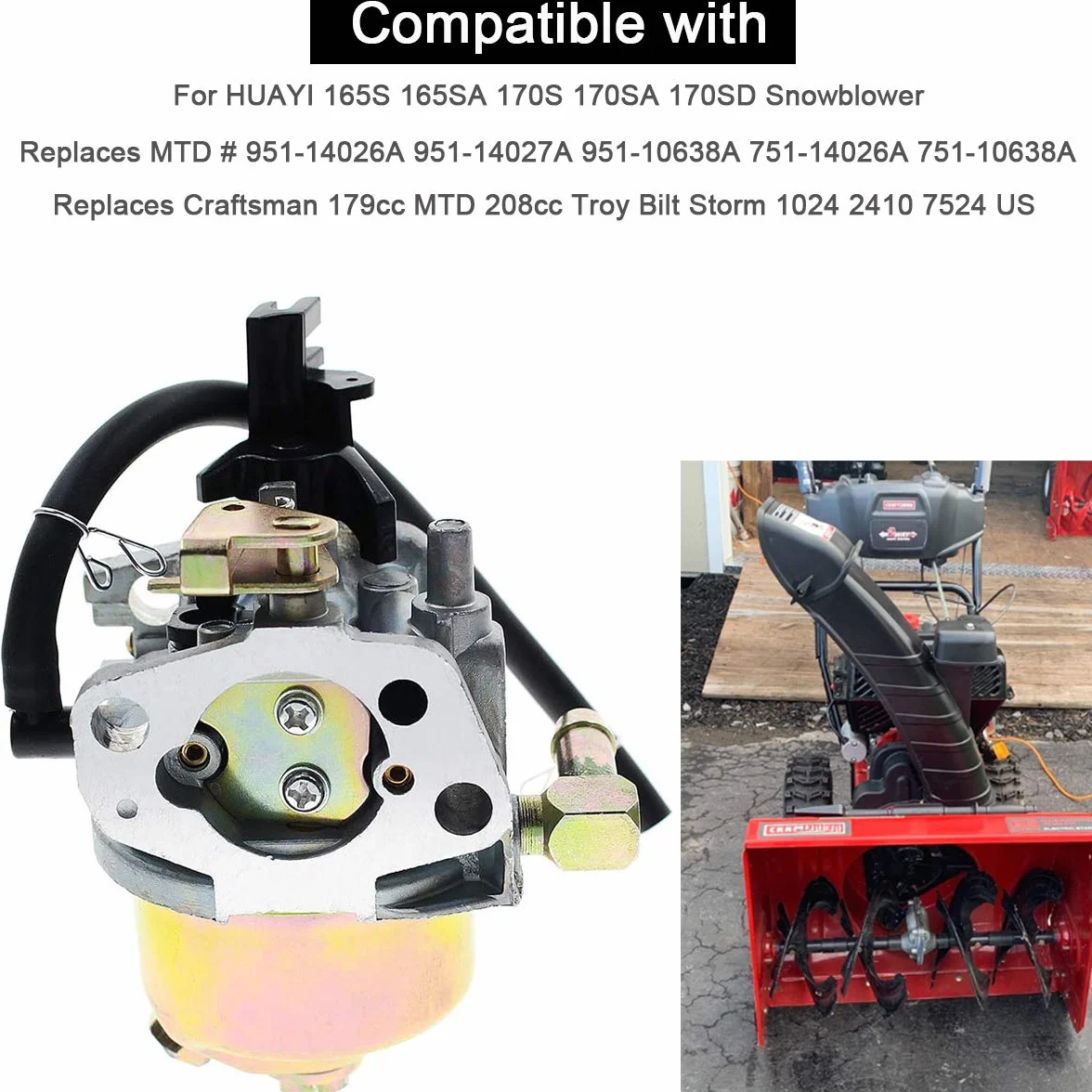ZAMDOE Carburador 170SA para Huayi 170S 170SA 170SD 165S 165SA para MTD 951-10368 951-10638A 751-10638 751-10638A 951-14026A 951-14027A soplador de Nieve, con línea de Combustible