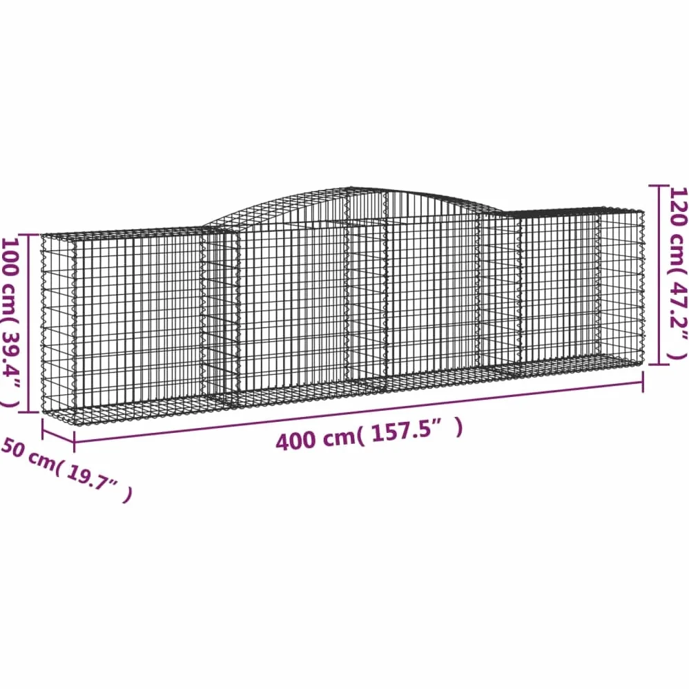 2 cestas para gaviones con arco alto, 400 x 50 x 100/120 cm, hierro galvanizado para barreras de jardín y protección de la privacidad, aislamiento acústico y decoración de alambre resistente