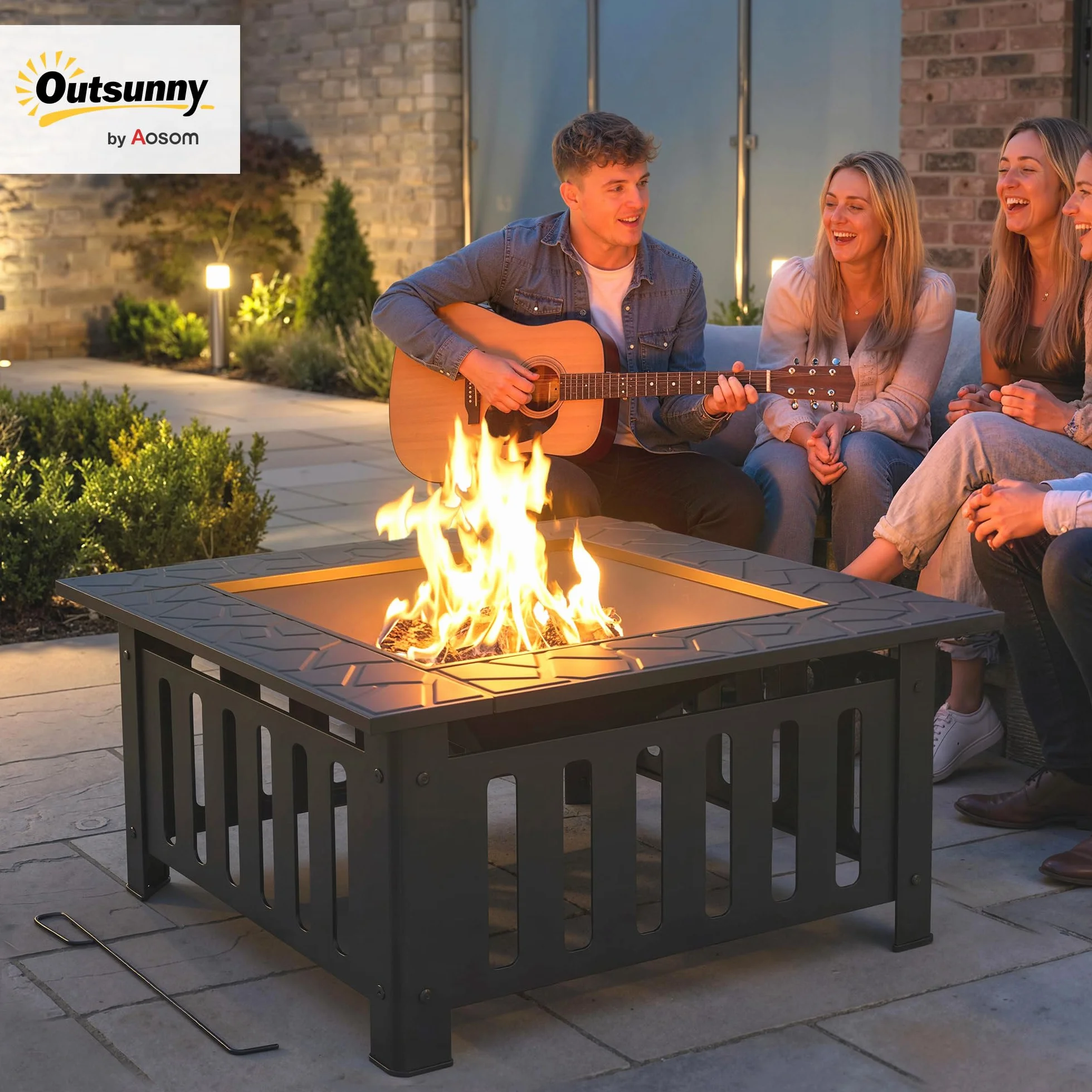 Outsunny Brasero Exterior de Acero Cuadrado, 67x67x47 cm, Brasero Exterior Jardín con Atizador, Tapa de Malla, para Terraza, Camping, Fiesta, Negro