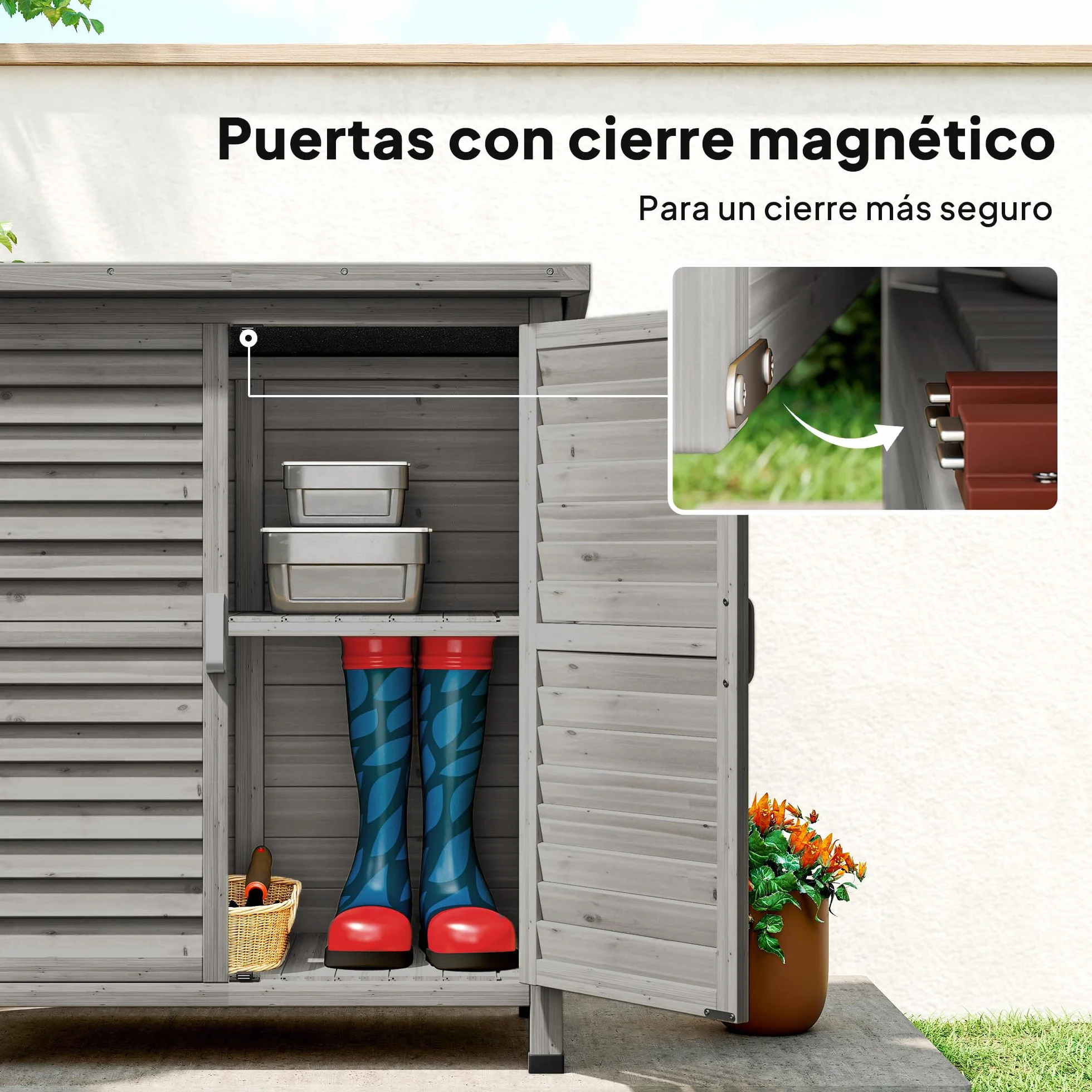Outsunny Cobertizo de Almacenamiento de Madera para Jardín con 2 Estantes Interiores 2 Puertas y Techo Inclinado para Exterior Terreza 87x46,5x96,5 cm Gris
