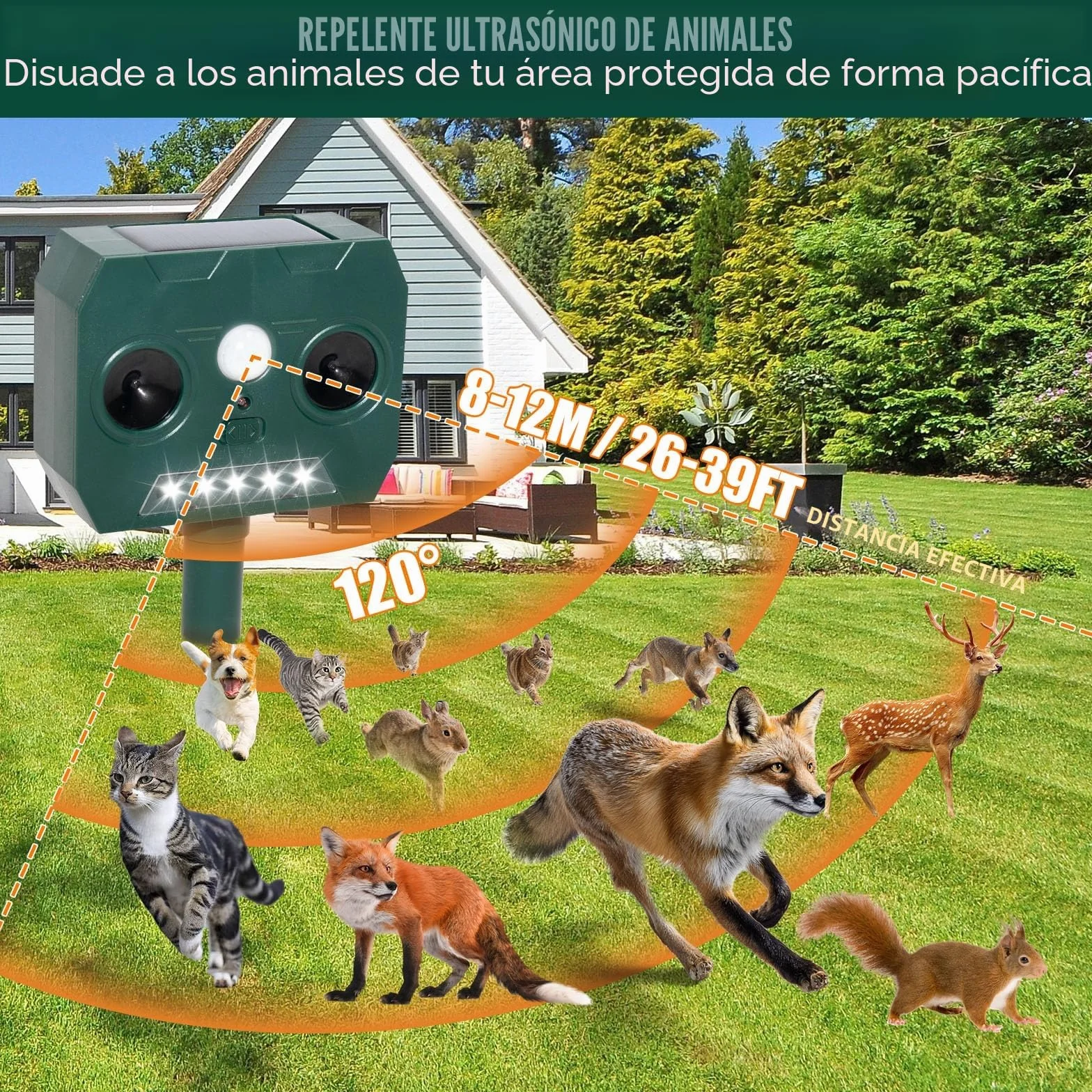 2 Piezas Ahuyentador de Gatos Exterior, Ultrasónico Repelente de Zorros Solar Potente con Luz LED, 12m 120° IP45 Impermeable Aullentador de Animales para Gatos Martas Mapaches Perros