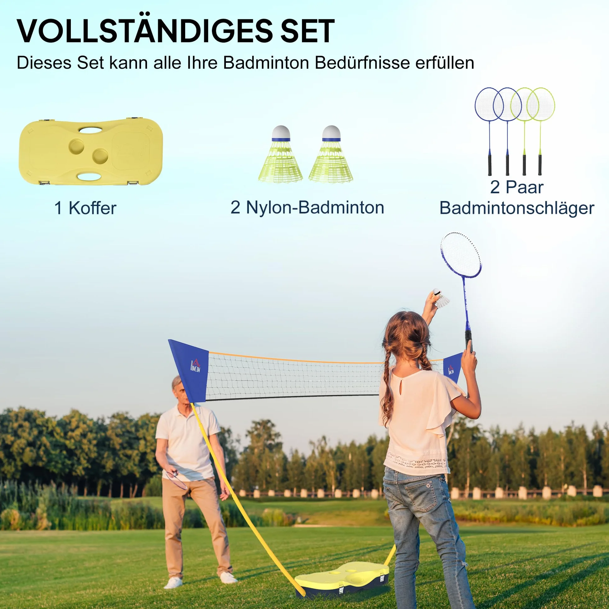 HOMCOM Red de bádminton portátil con Soporte, 4 Raquetas, 286x33x157 cm