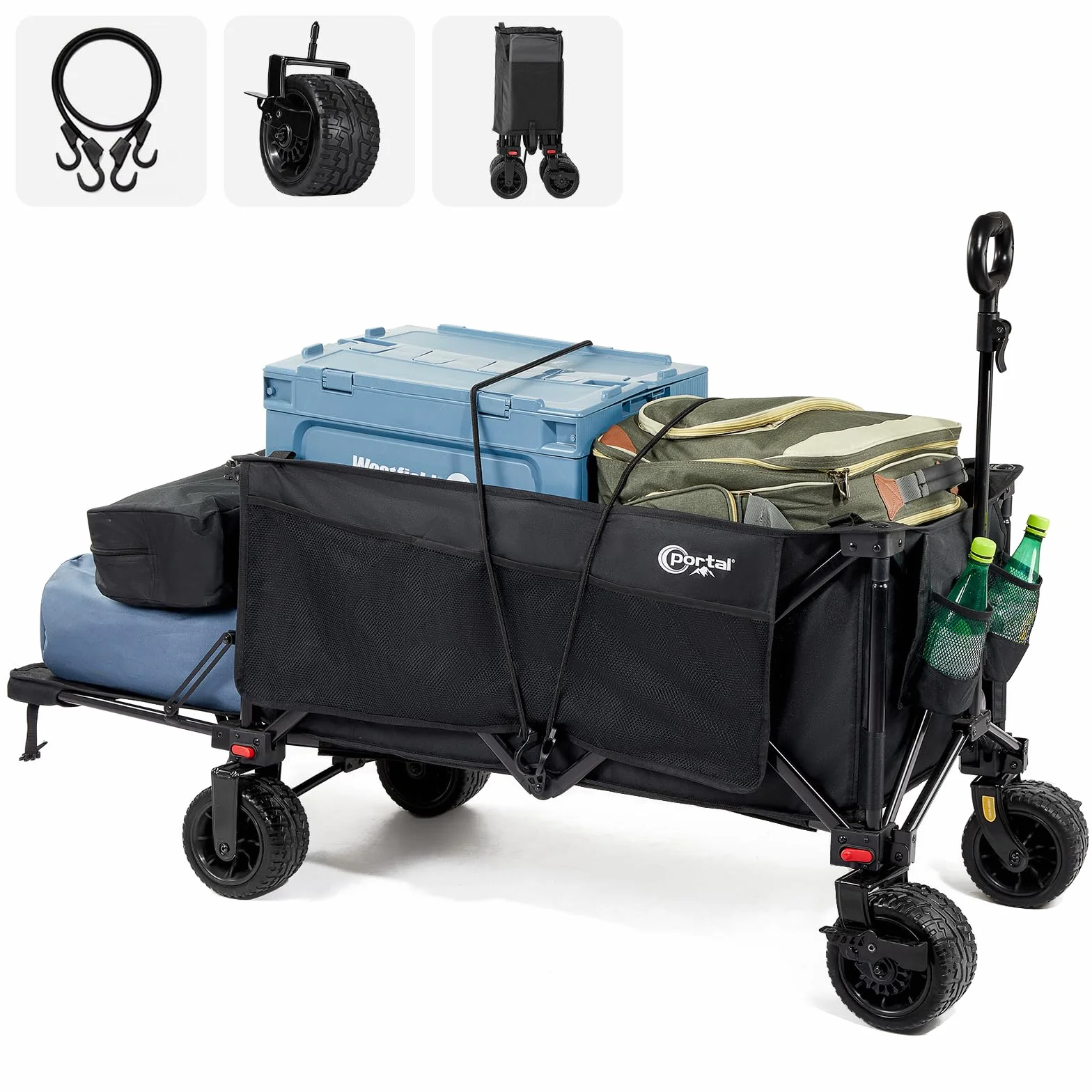PORTAL Carro de Playa Camping Plegable con Frenos – Ruedas Anchas Todo Terreno, 300L Gran Capacidad, Puerta Trasera Ajustable, Alta Resistencia para Festival, Jardín, Compras