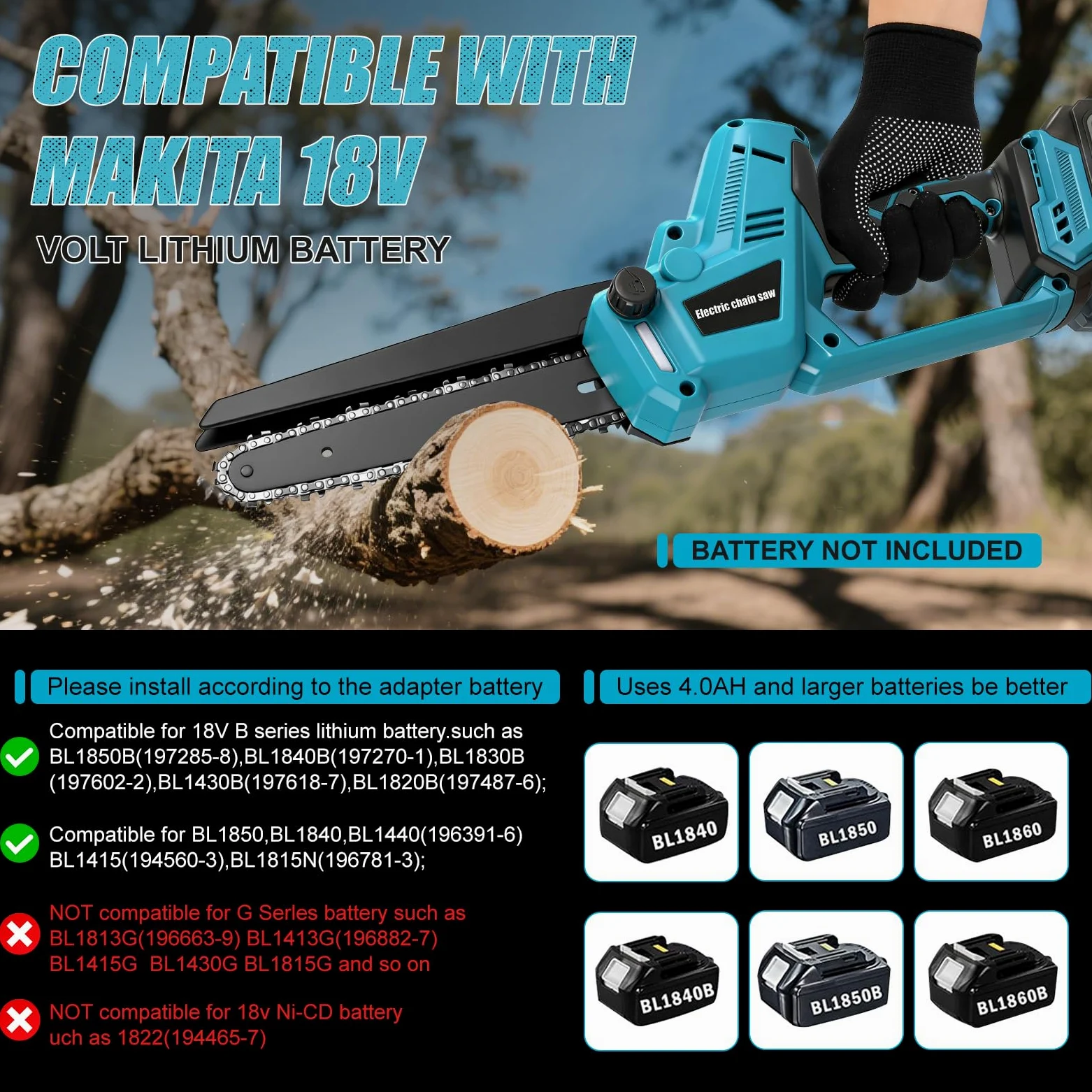 Motosierra Inalámbrica 8 y 10 Pulgadas para Makita 18V (sin Batería) | Mini Motosierra sin Escobillas, Lubricación Automática de Cadena, 2 Placas, 4 Cadenas, Guantes, Gafas y Maletín