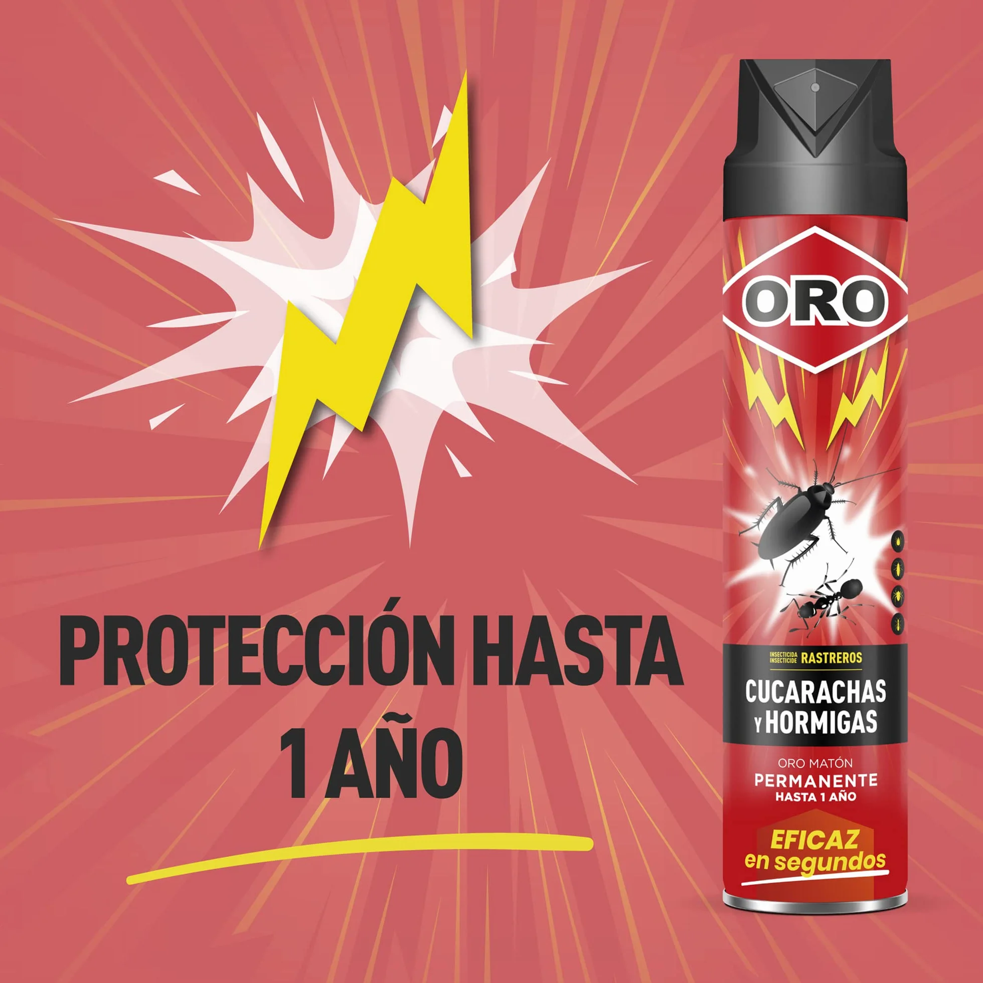 ORO Insecticida Rastreros - Contra cucarachas, hormigas y otros bichos rastreros - Acción en segundos y máxima eficacia - Para interiores y exteriores - Permanente hasta 1 año - 750 ml