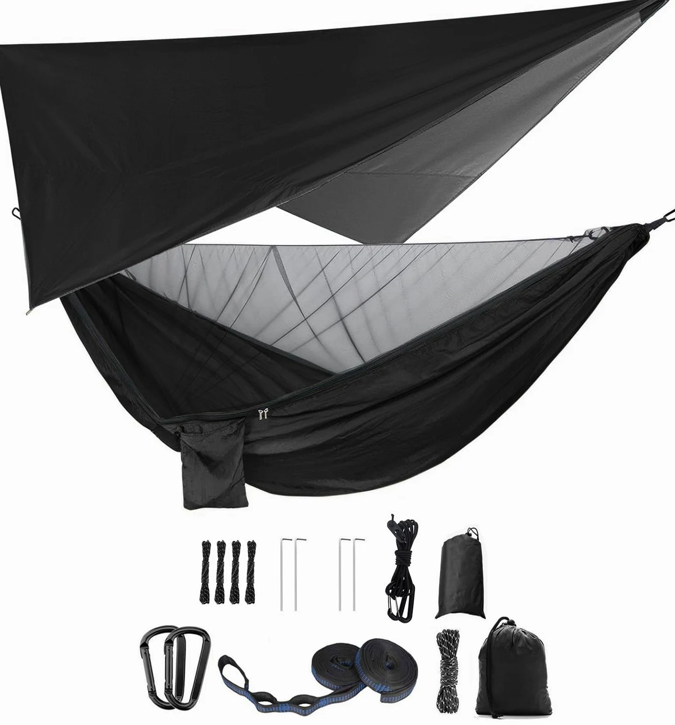 Juego de hamacas de camping, hamaca doble individual, mosquitera, mosquitera, mosquitera, mosca de lluvia, tela de paracaídas de alta resistencia, cama colgante. Adecuado para exteriores, senderismo,