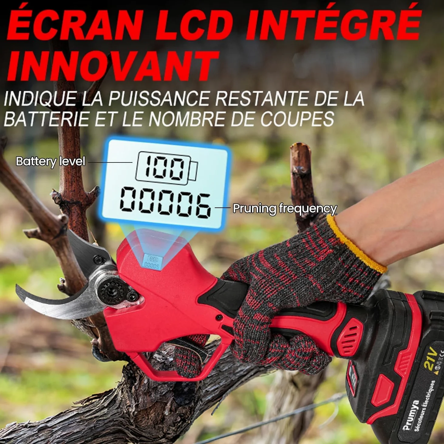 Tijeras eléctricas inalámbricas de 50 mm, podadoras eléctricas de 21 V con 2 baterías, 1000 W, motor sin escobillas, podadoras de batería adecuadas para podar, jardinería, árboles frutales