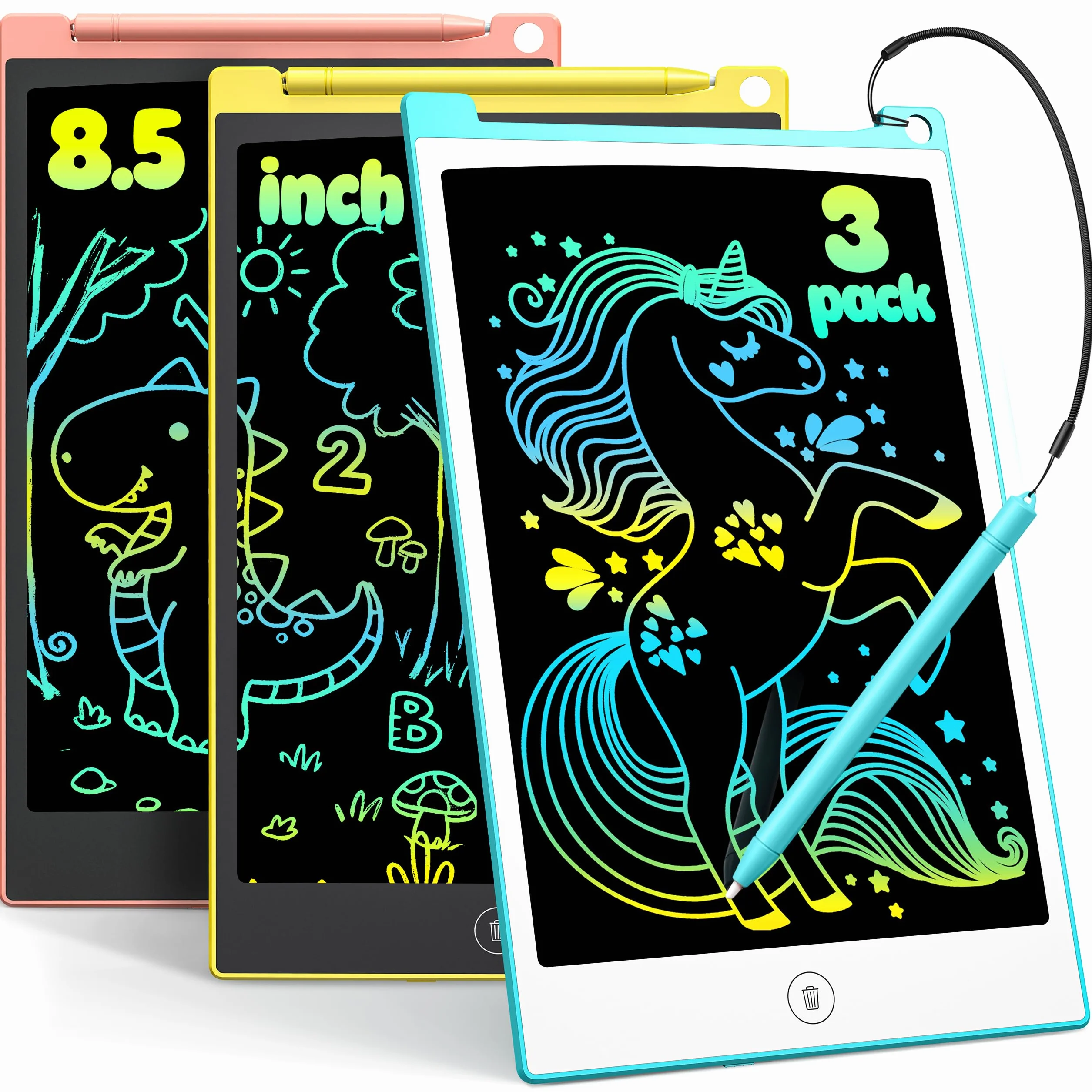 TECJOE Tableta Escritura LCD Color 8.5 Pulgadas Paquete 3, Pizarra Electrónica Gráfica Regalo Niño 3-7 Años