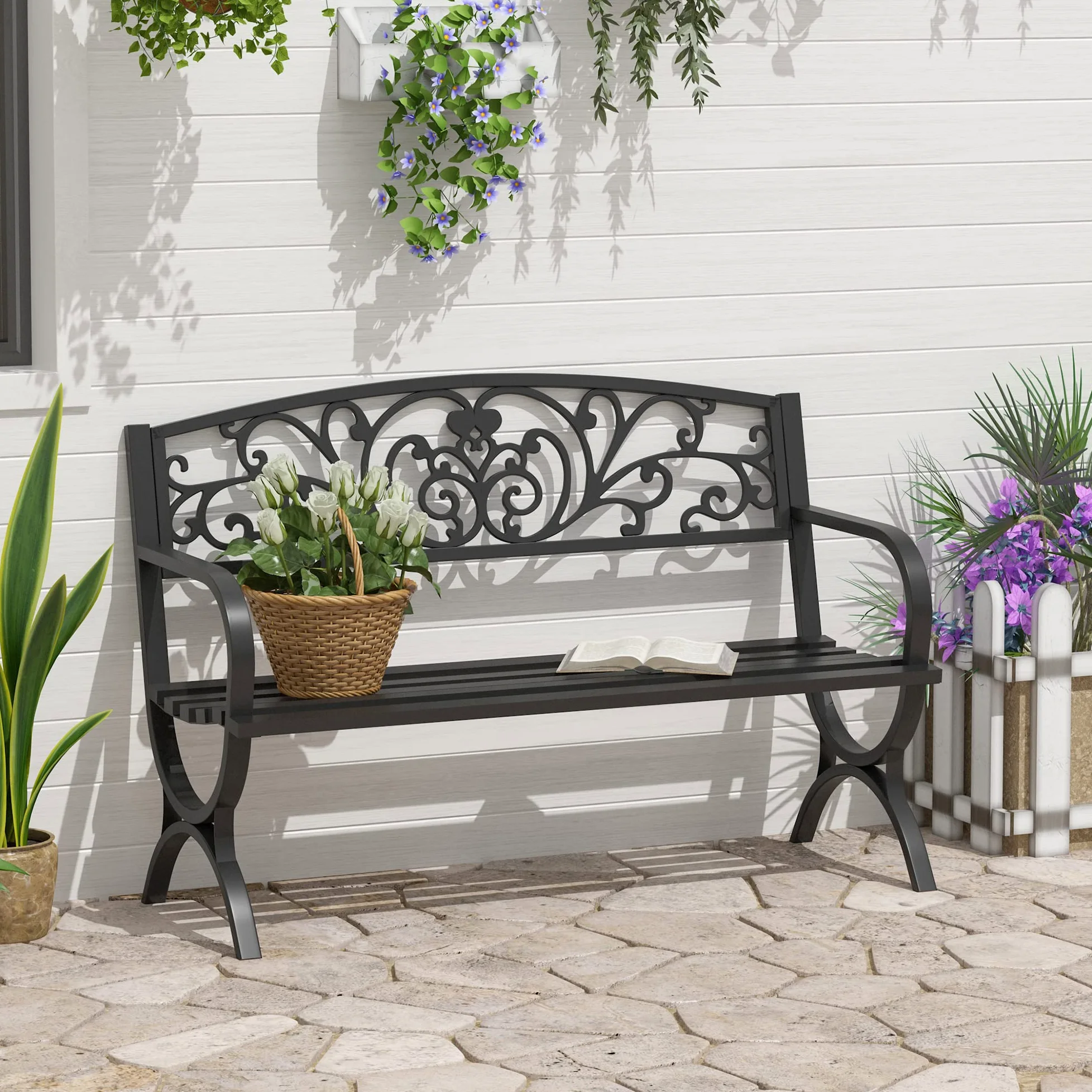 Outsunny Banco de Jardín 2 Plazas Hierro Clásico Patrón Floral 240 kg 127x60x85 cm Negro