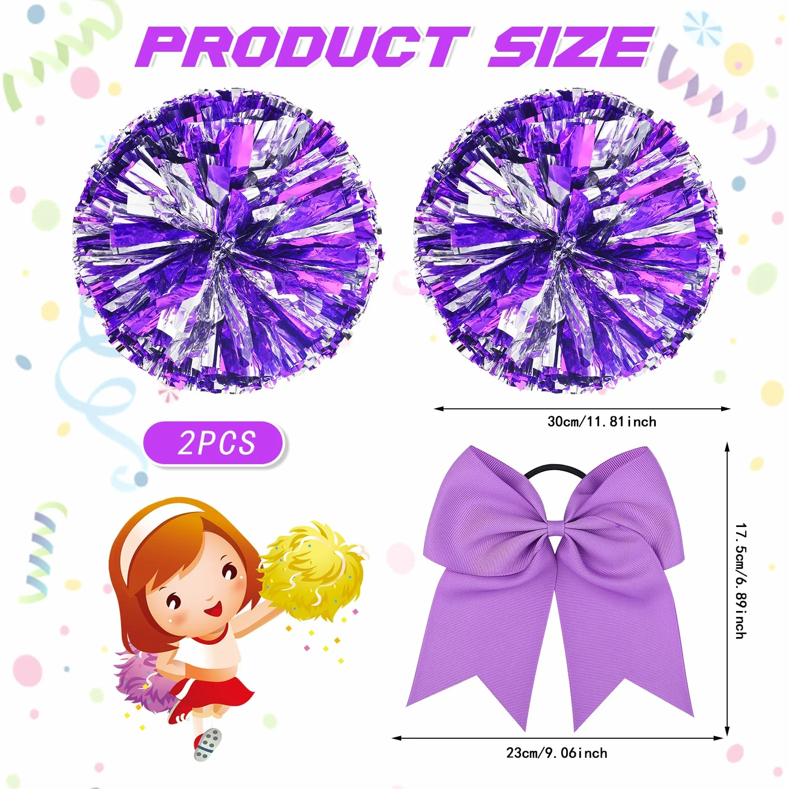 Pompones de Animadora Morado 3 Piezas Meanju para Deportes Fiestas