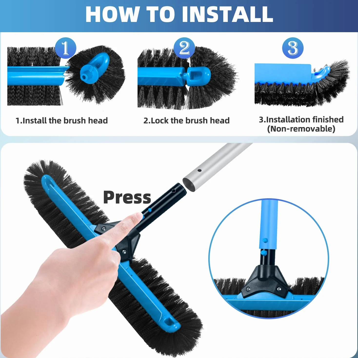 Cabezal de cepillo de piscina de 20 pulgadas de ancho, cepillo de limpieza de piscina resistente con cerdas de 12 filas, cepillos de piscina enterrados/superiores con extremos curvos, azul