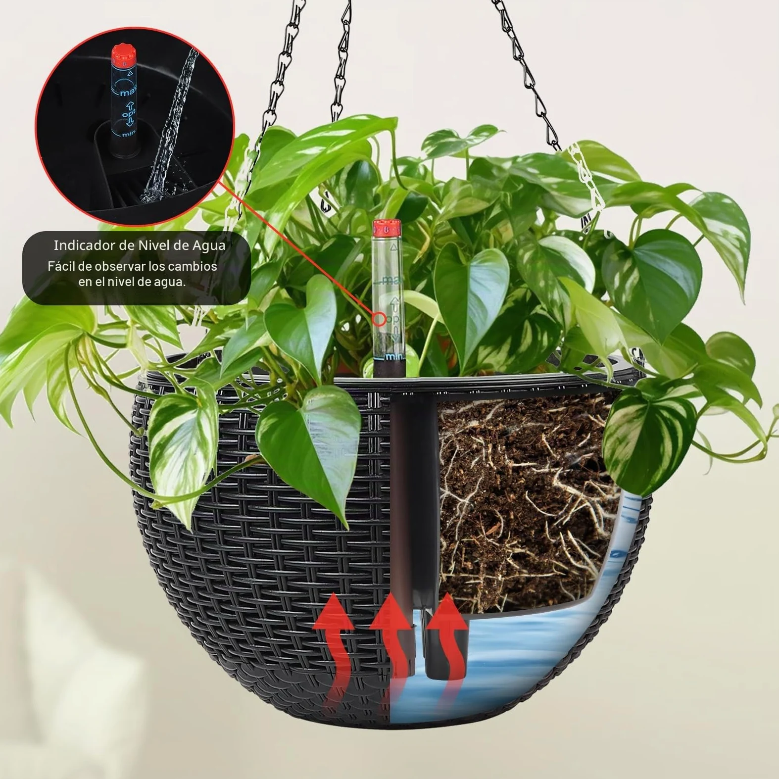 CPROSP 2pcs 28cm Auto-Riego Jardinera Colgante con Indicadores de Nivel de Agua y Ganchos De Cadena, Autorriego Maceta Colgante, Jardinera De Riego Maceta Auto para Exteriores, Techos, Balcones Negro