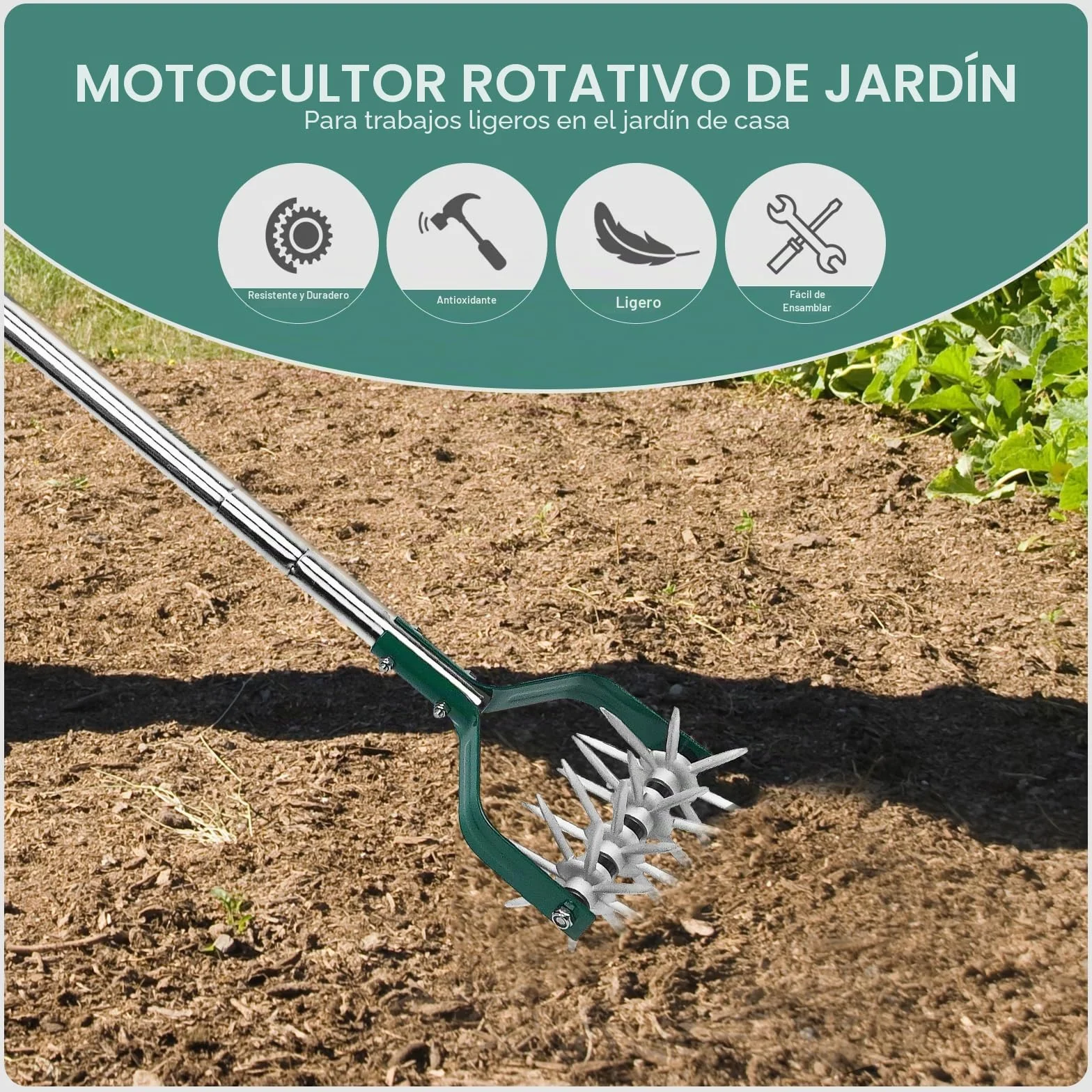 Yeelor Cultivador giratorio con mango ajustable S/S con dientes de metal sólido desmontables, cultivador de jardín, cultivador de césped y cultivador manual para aflojar y mezclar tierra