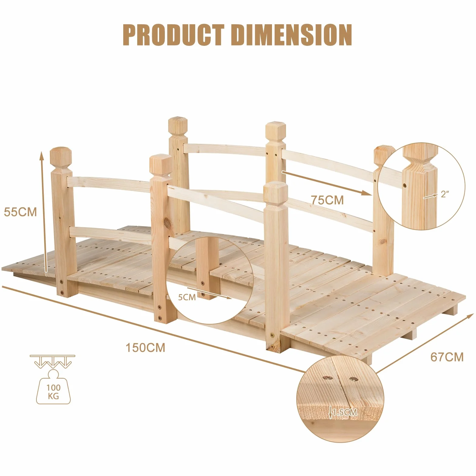 SOARS Puente de Jardín Madera con Barandilla, Puente de Pie Decorativo de Abeto con Capacidad de Carga de hasta 100 Kg, 150 x 67 x 55 cm cm, Puente Decorativo para Jardín, Estanque y Arroyo