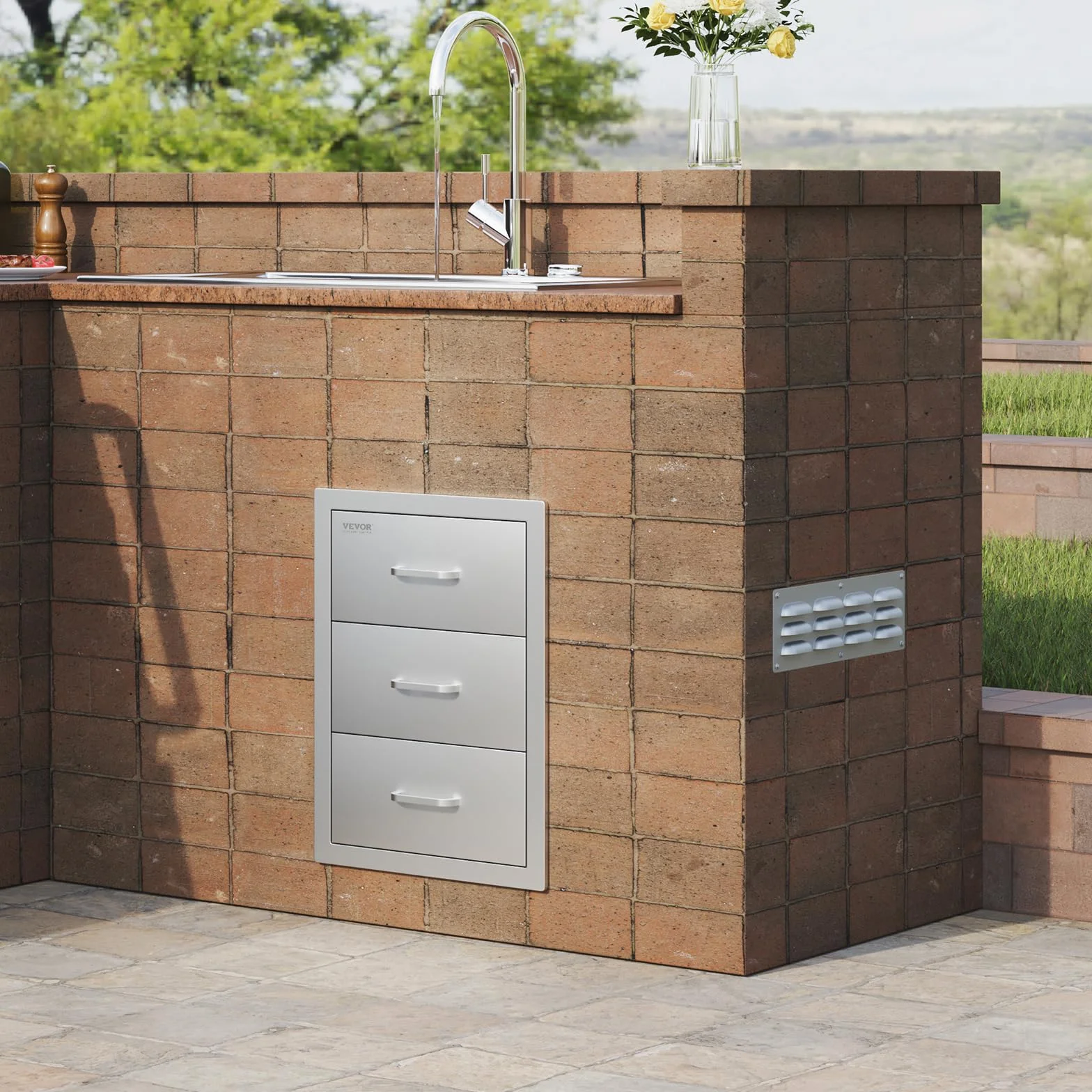 VEVOR Cajones de Cocina para Exterior 40x45x55 cm Cajones para Barbacoa de Triple Acceso con Mango de Acero Inoxidable Cajones para Barbacoa para Cocinas al Aire Libre Estación de Parrilla para Patio