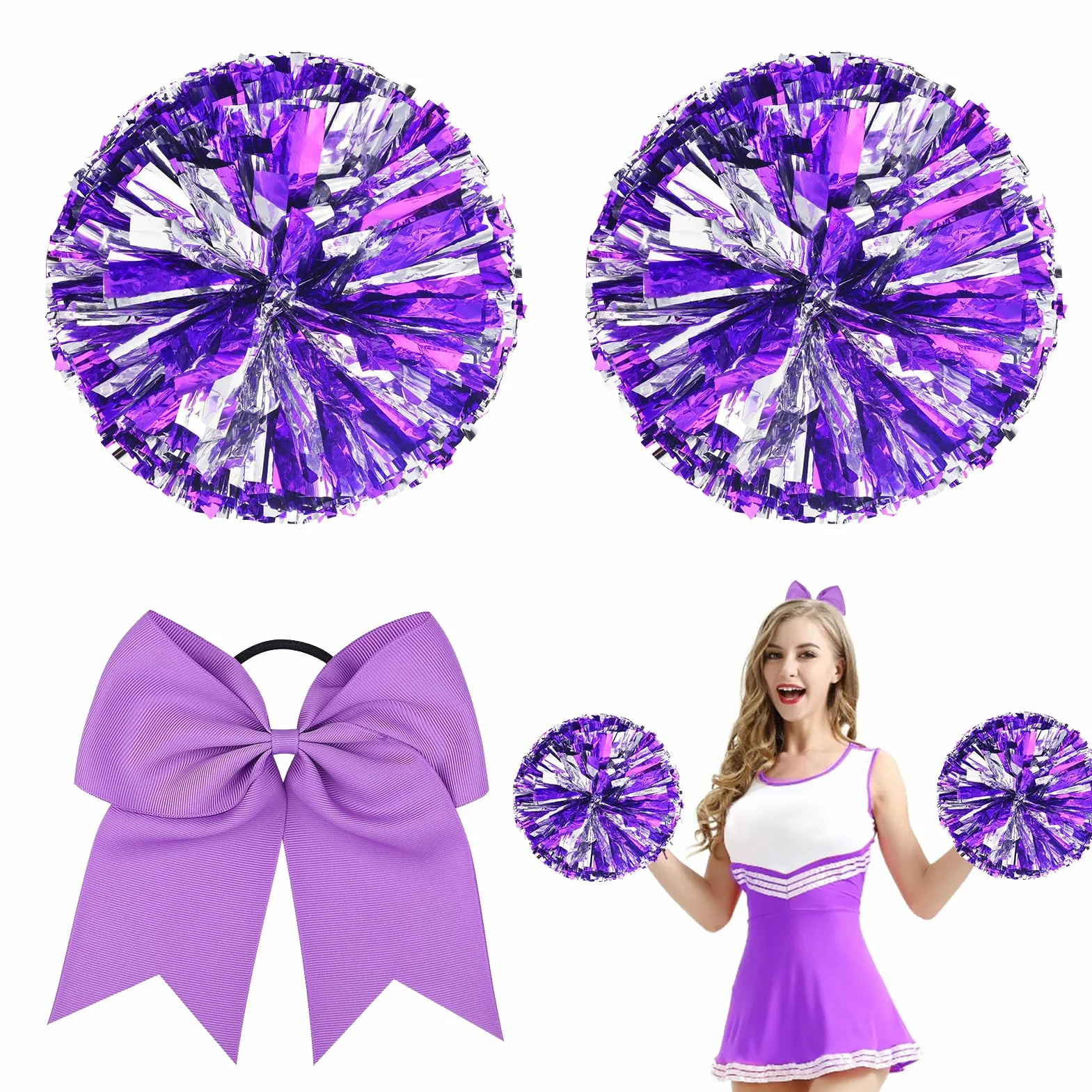 Pompones de Animadora Morado 3 Piezas Meanju para Deportes Fiestas