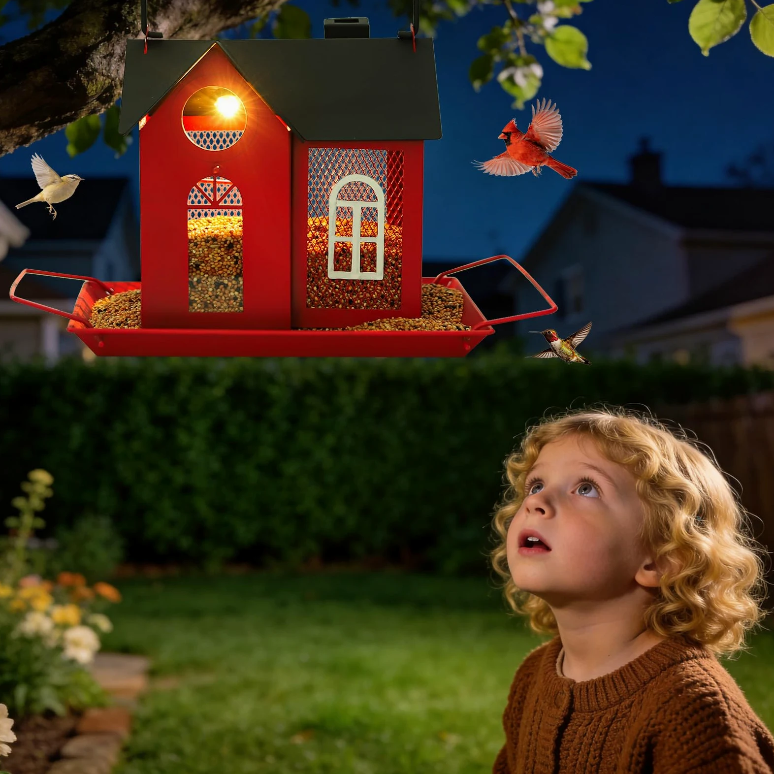 Comedero solar para pájaros para exteriores, comedero colgante de metal rojo con luz solar, comedero decorativo para cardenales, pinzones y pájaros silvestres, decoración de jardín y patio trasero
