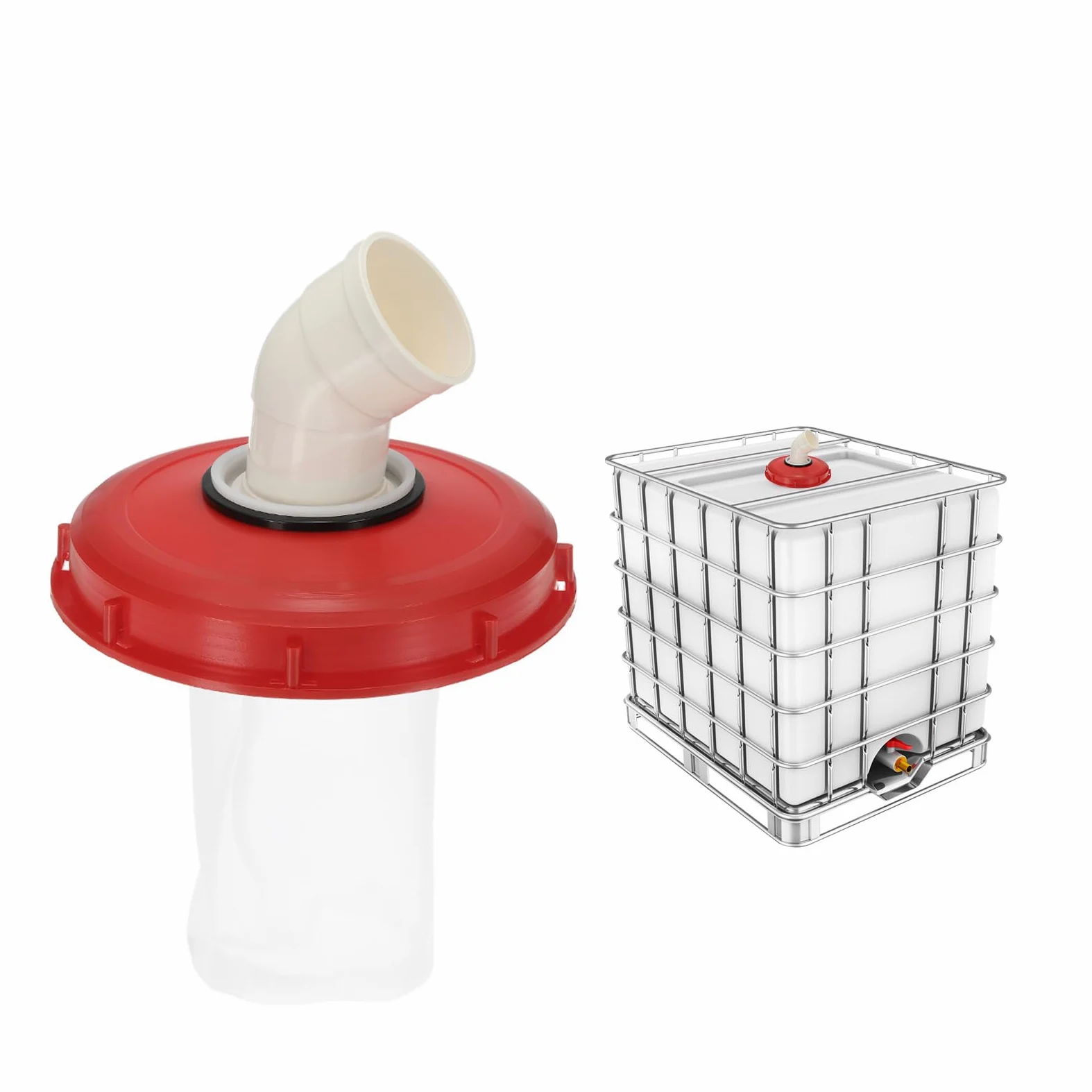 PATIKIL 45° IBC Tapa Filtro Cubierta 245mm Plástico Ton Barril Cubierta con Lavable Nylon Filtro IBC Manijas Manguera Adaptador para Lluvia Tanque 1000L IBC Tanque Rojo Blanco