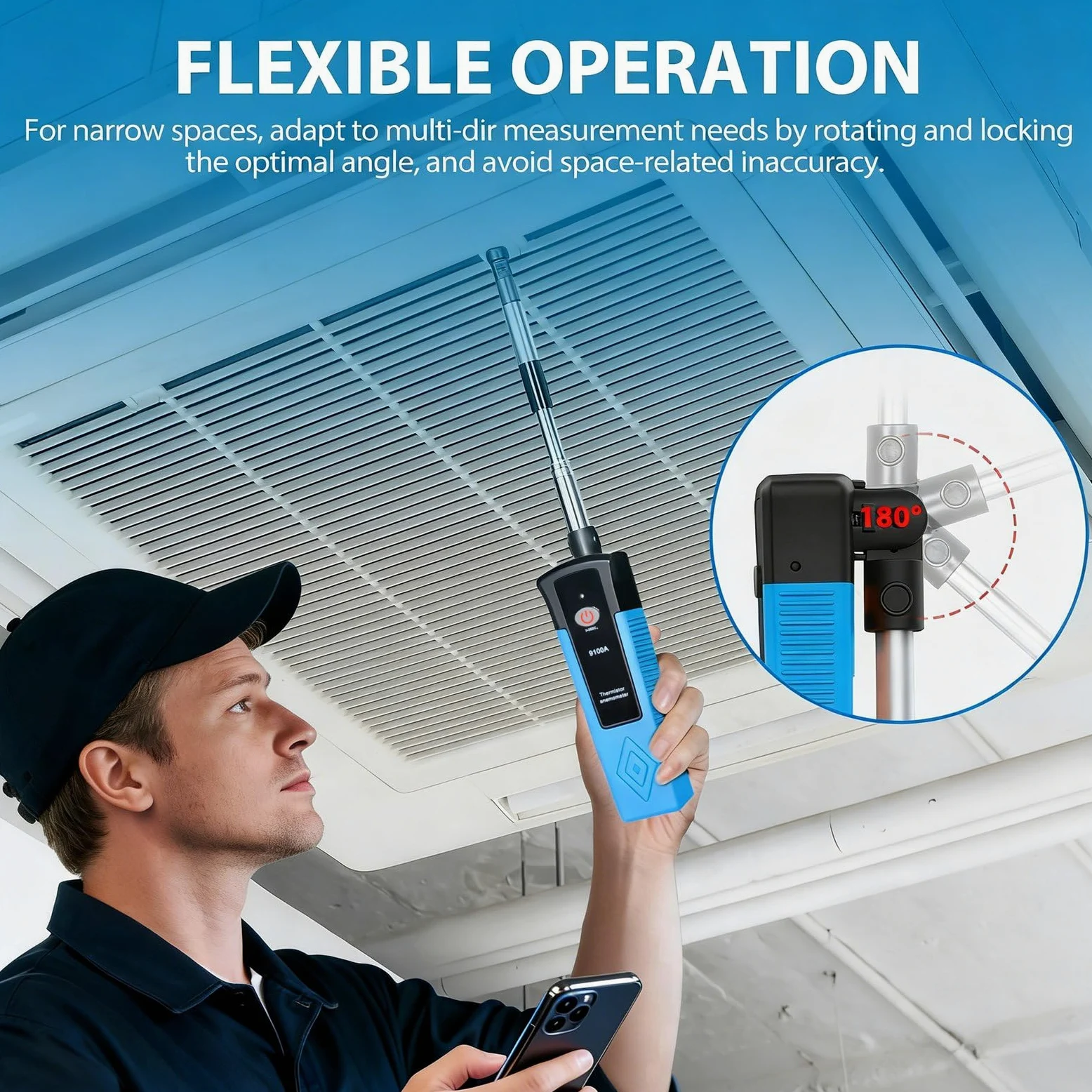 Anemómetro de cable caliente de mano con aplicación Bluetooth, sonda telescópica, medidor CFM de flujo de aire mide velocidad de maleza de 1 a 89.5 mph, baja velocidad de flujo, temperatura
