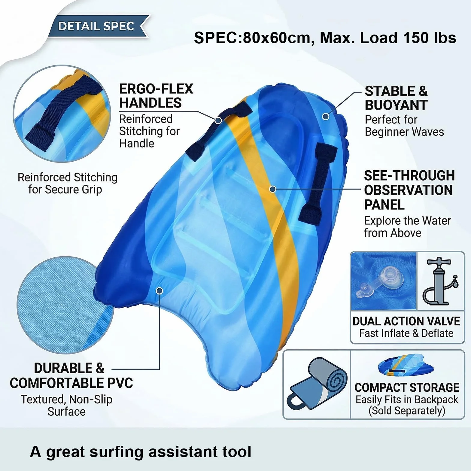 RANJIMA Tabla de bodyboard inflable ligera portátil con asas para surf playa piscina natación
