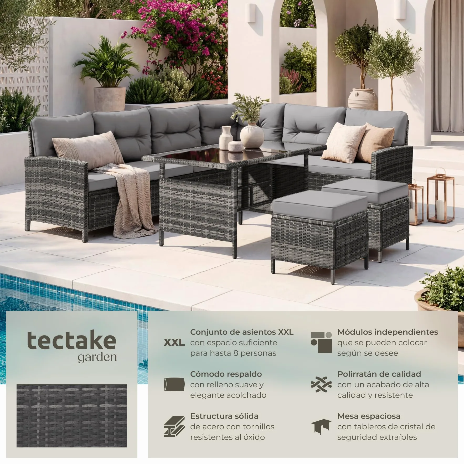 Tectake Conjunto Jardín Ratán 5 Piezas Sofá Esquina Mesa Cojines Gris Beige