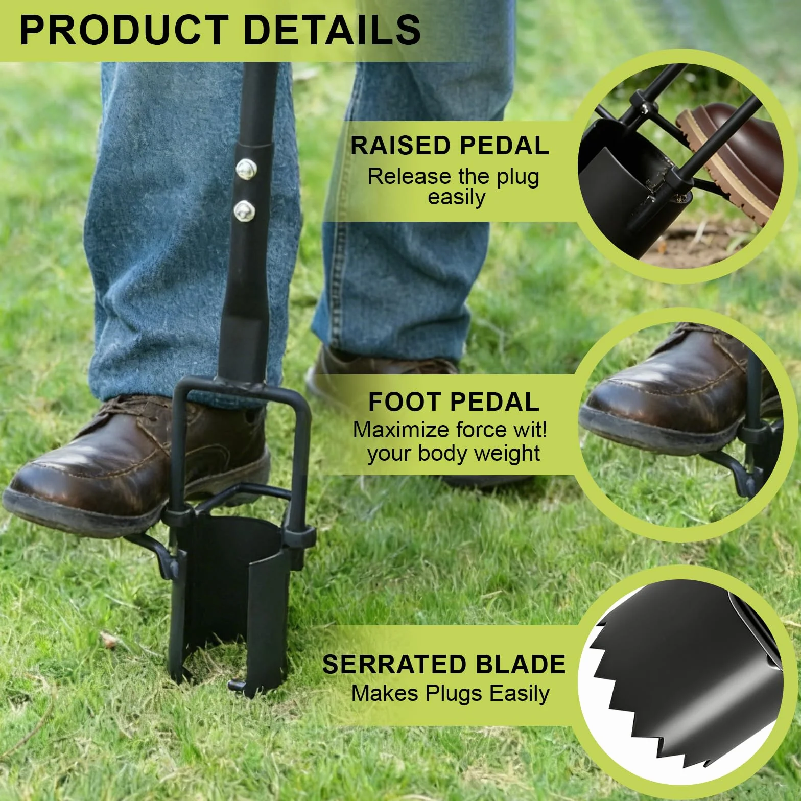 EXLECO Plantador de Bulbos 94 cm, Herramienta Jardinería Manual con Soporte para Pisar y Borde Dentado