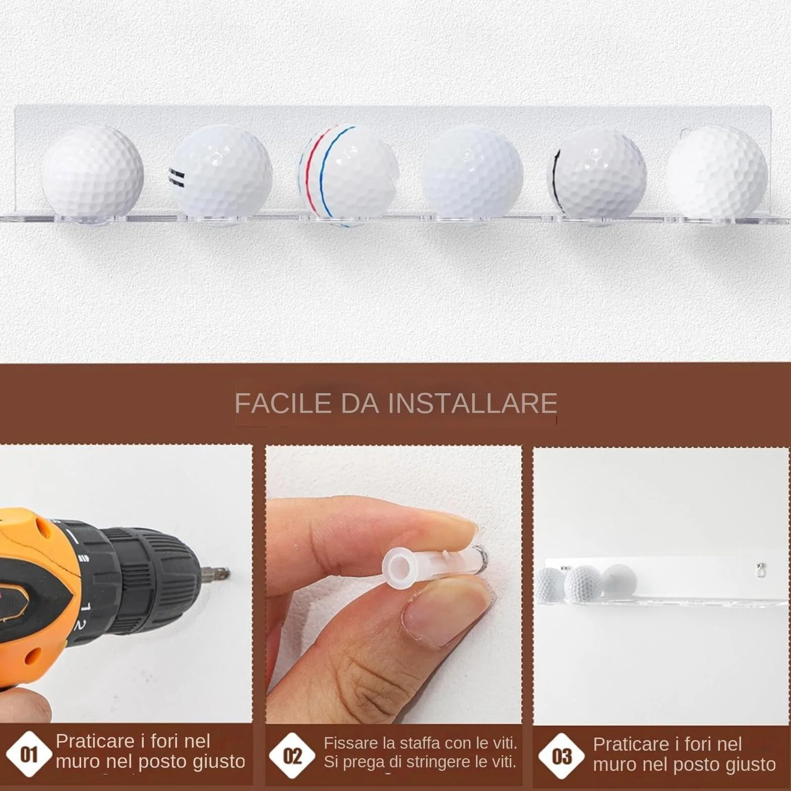 Estante flotante para pelotas de golf – Expositor de pared transparente para 6 pelotas de softbol