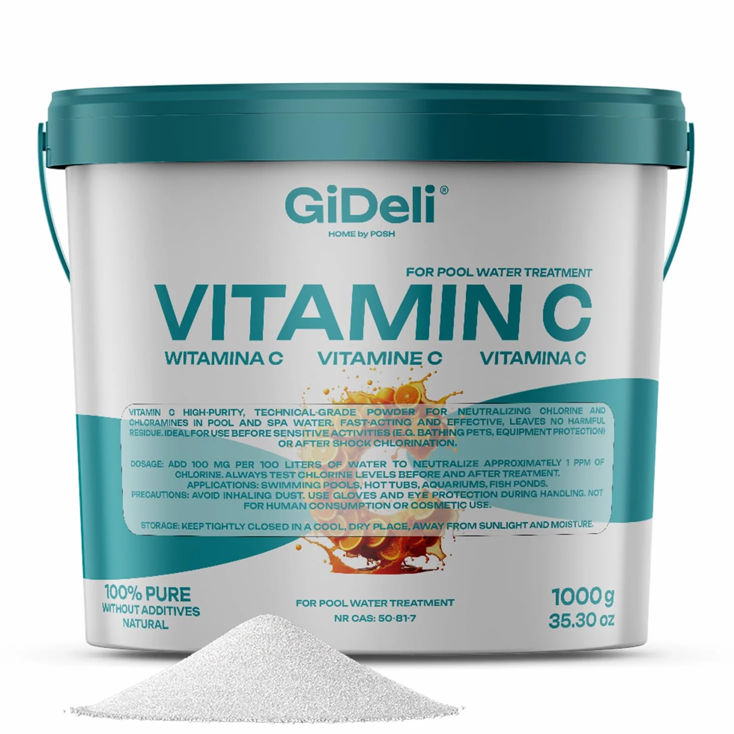 GiDeli Polvo de vitamina C, 1 kg, de alta pureza, para neutralización del cloro, para piscina, spa, jacuzzi, purificador de agua, acuario, agua de estanque