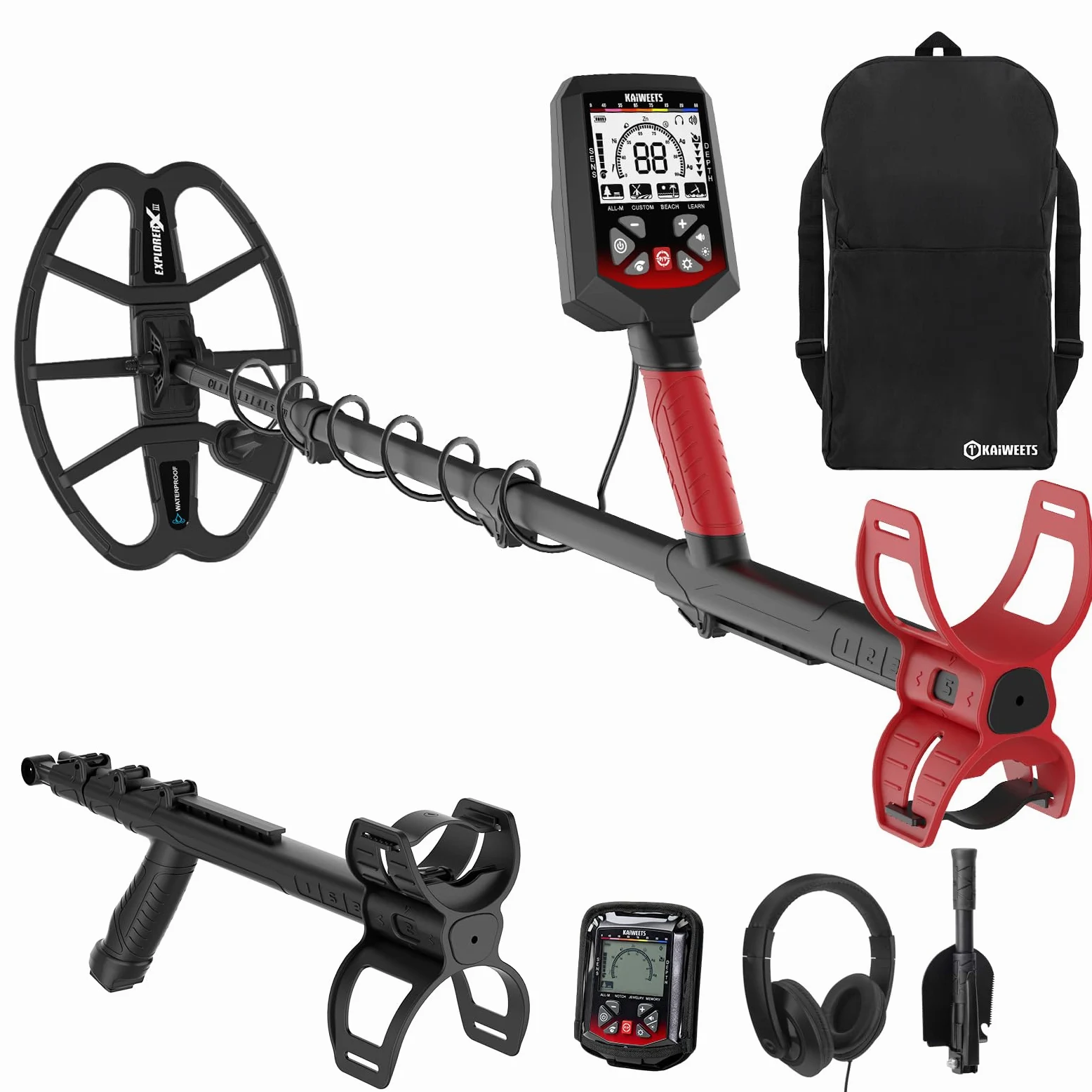 KAIWEETS Detector de metales profesional con batería, bobina doble D impermeable hasta 30 cm de profundidad, 5 modos, detector de metales, chip DSP, HD LCD con retroiluminación, juego de detector de