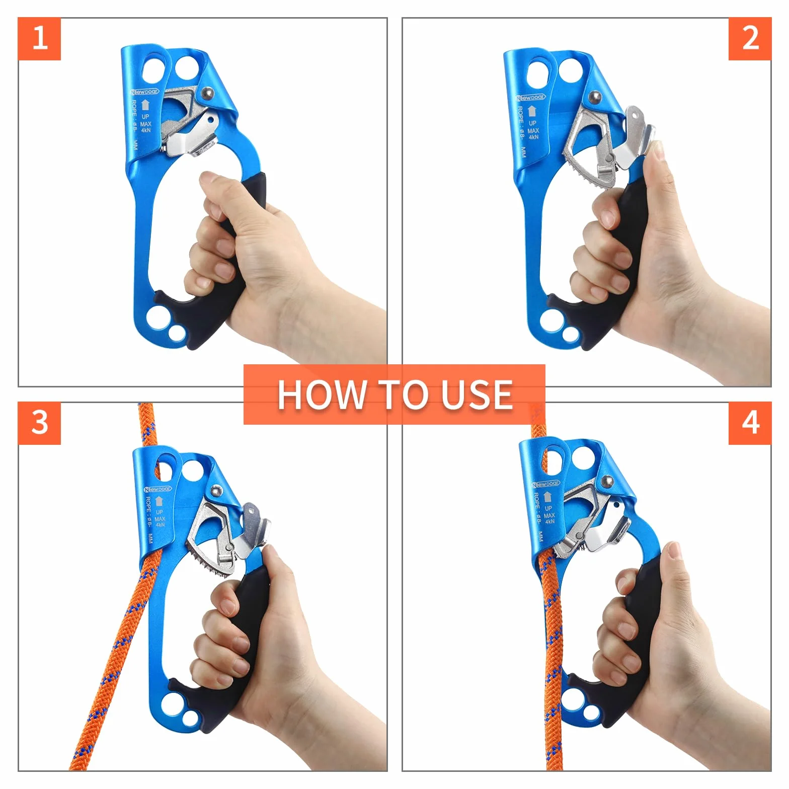 NewDoar Hand Ascender Rock Climbing Tree Arborist Rappel Gear 8~12MM Rope Clamp
