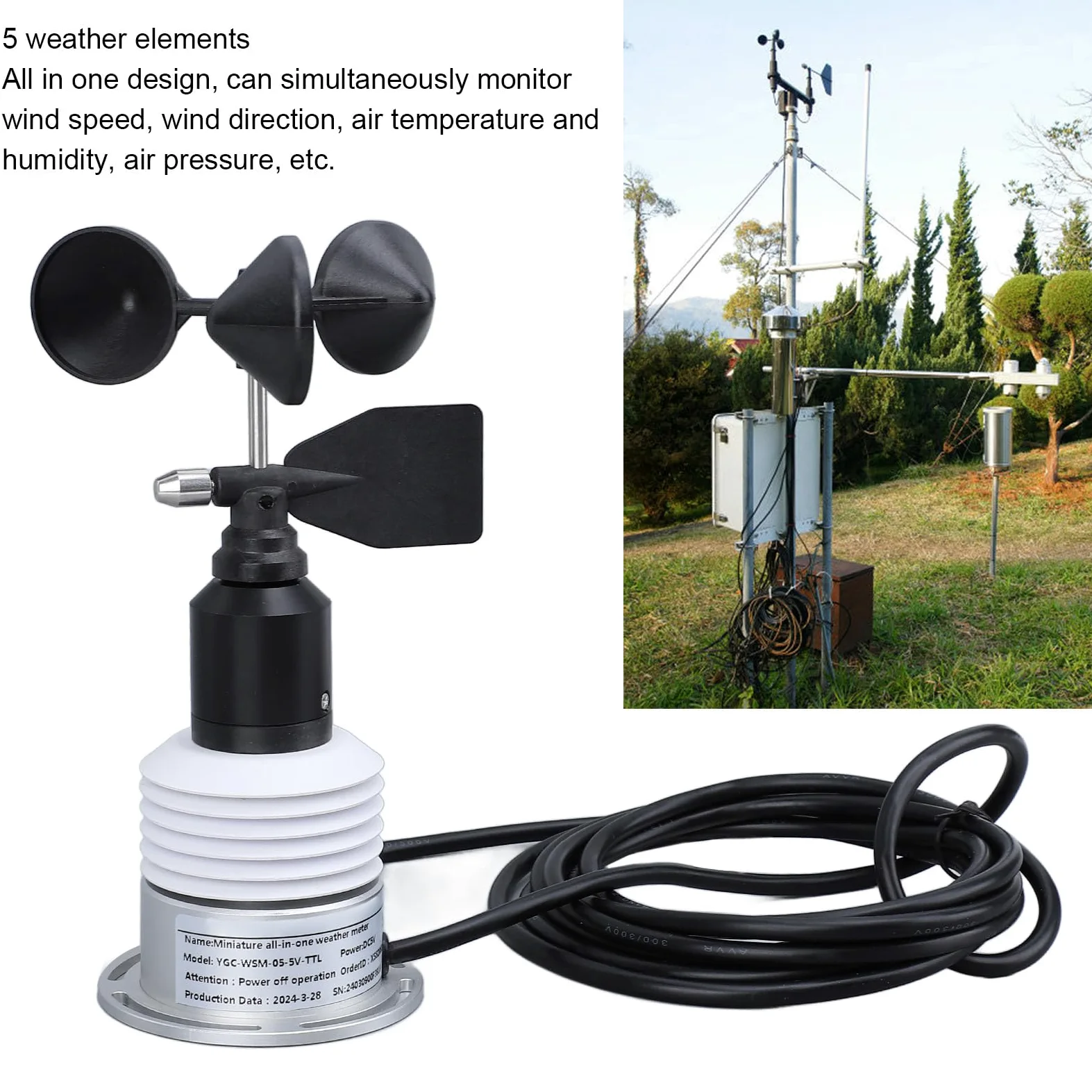 Medidor Meteorológico 5 en 1 Estación Meteorológica Compacta para Agricultura Silvicultura y Medición Ambiental con Sensor de Viento Direccional