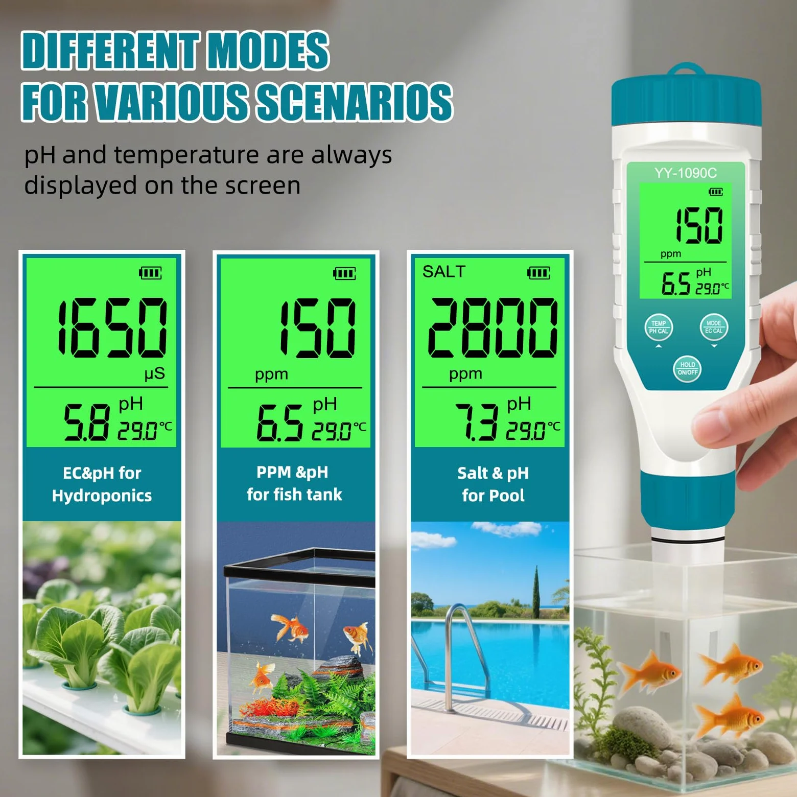 Medidor de pH para hidroponía y medidor de sal de spa - Medidor de pH, salinidad, TDS, EC y temperatura 5 en 1 con calibración de 12,88 mS/cm - Monitor de calidad del agua de piscina de agua salada