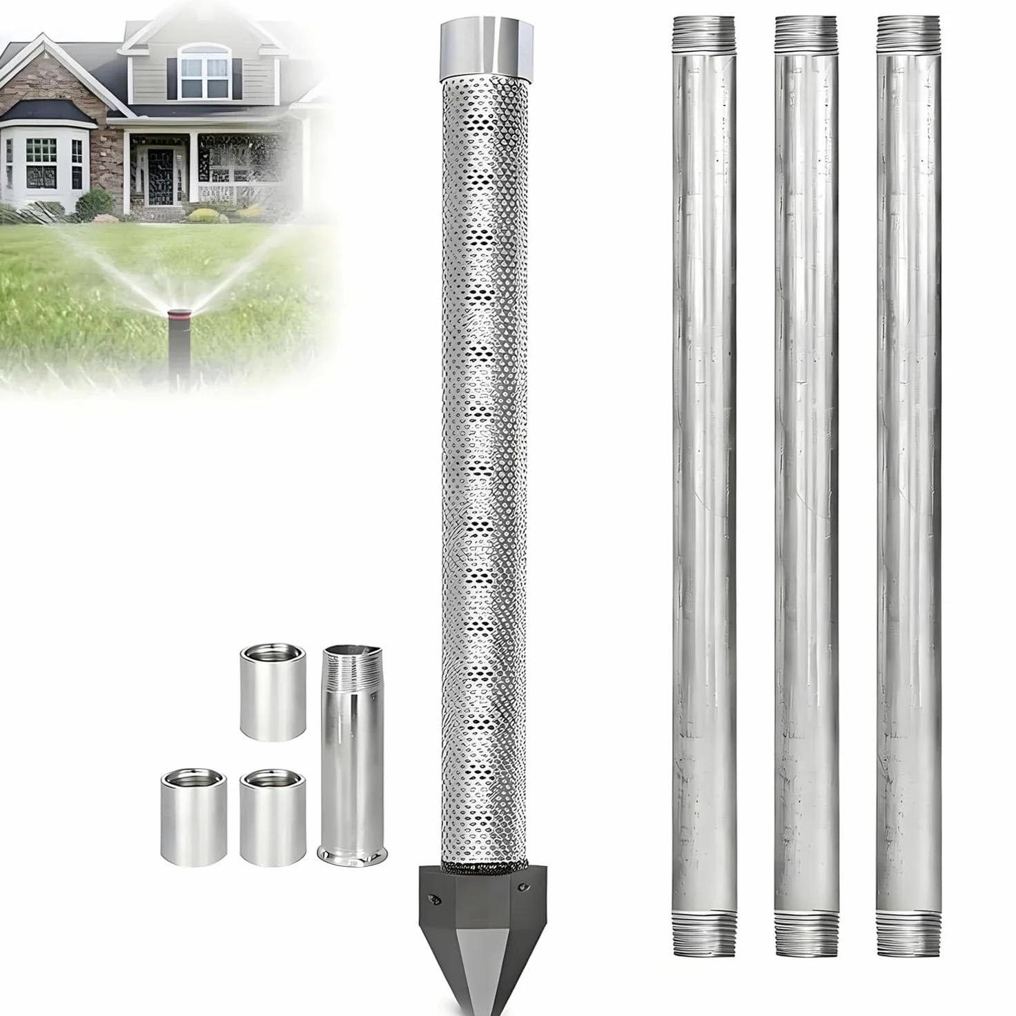 Kit de Punta para Pozo, Kit de perforación de pozos de Agua para Bricolaje 3+1Kit | Punta de pozo de 1-1/4 pulgadas y 36 pulgadas con malla de calibre 60 y tubos de extensión galvanizados