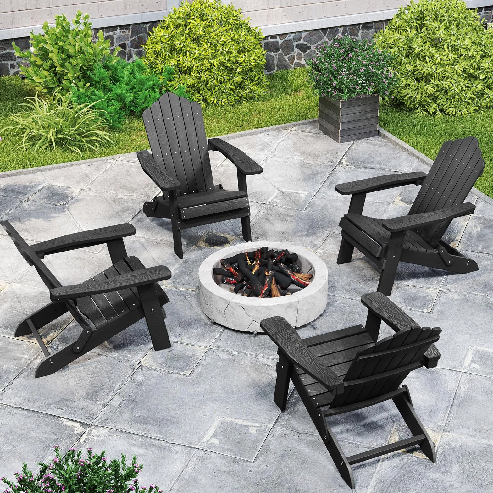 GOPLUS Silla Adirondack Plegable, Silla Exterior de HDPE con Respaldo Inclinado Ergonómico y Reposabrazos Anchos, Asiento Resistente a la Intemperie Carga 180 kg para Jardín Terraza Balcón (Negro)