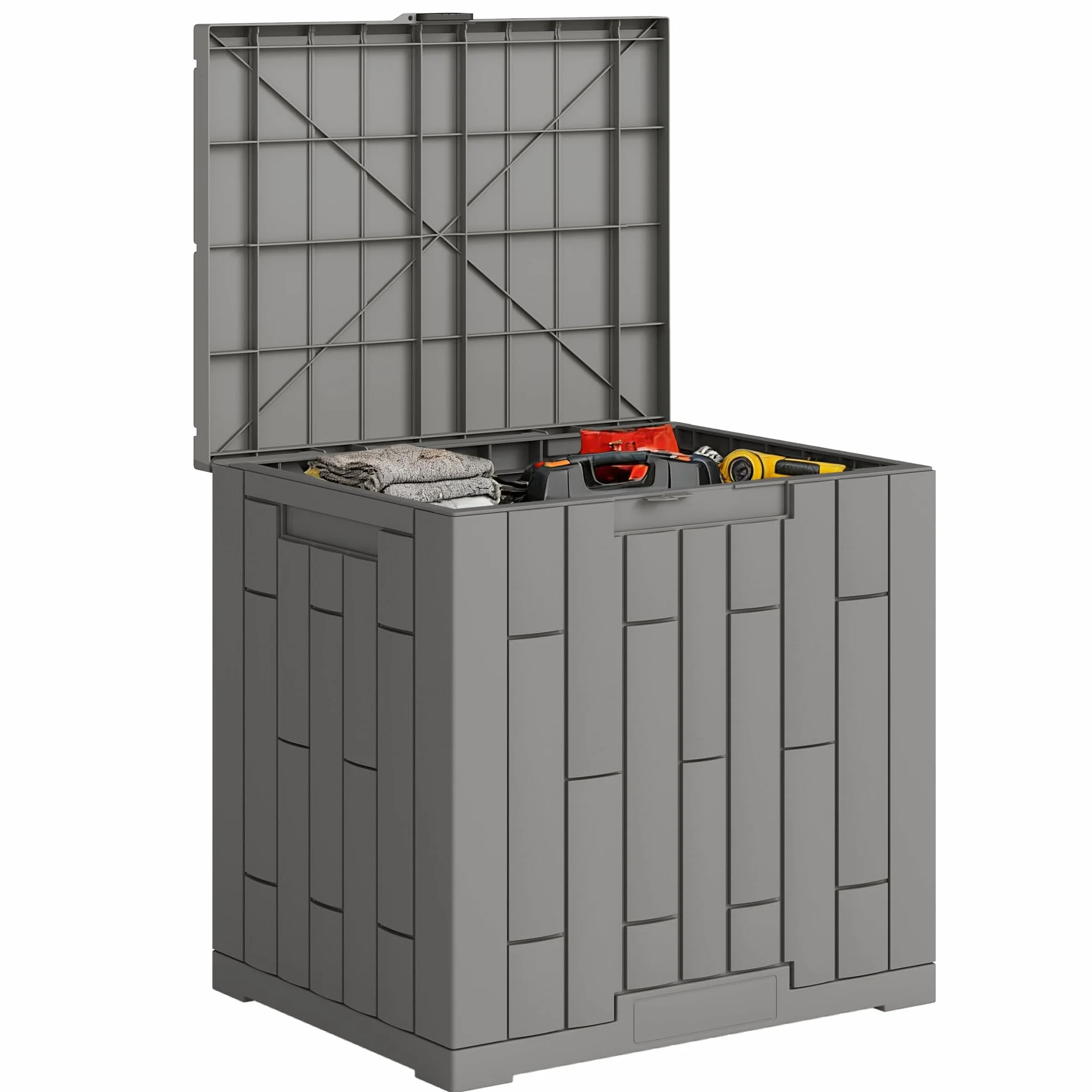 Outsunny Arcón Exterior Capacidad 114L, Baúl de Almacenaje Exterior de Resina Resistente al Agua y a los Rayos UV, con Cerradura para Jardín, Terraza, Patio, 56x44x54 cm, Gris