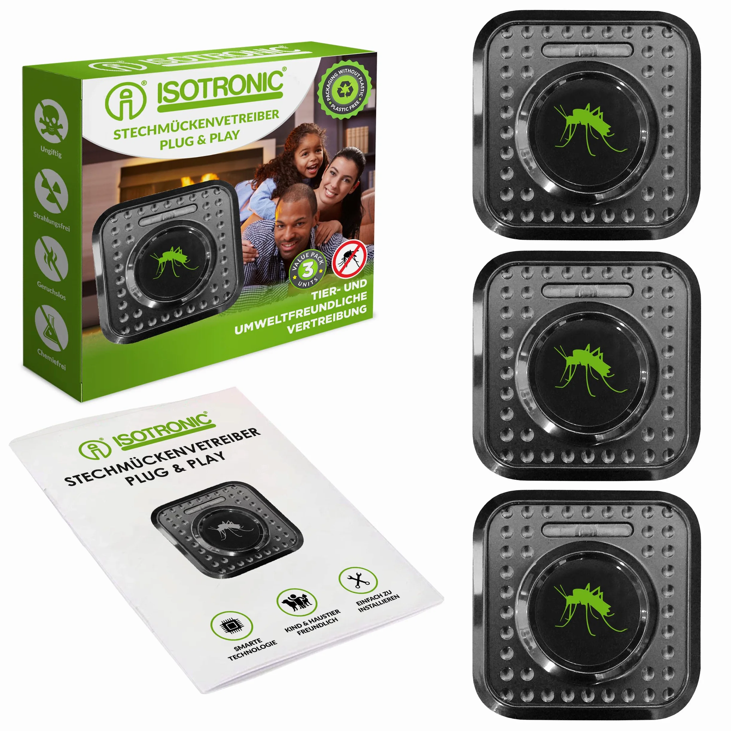 ISOTRONIC – Repelente ultrasónico de Mosquitos enchufable para el hogar, Dormitorio y habitación Infantil – Repelente de Mosquitos con un Alcance Efectivo de 30 m² (3 Unidades)