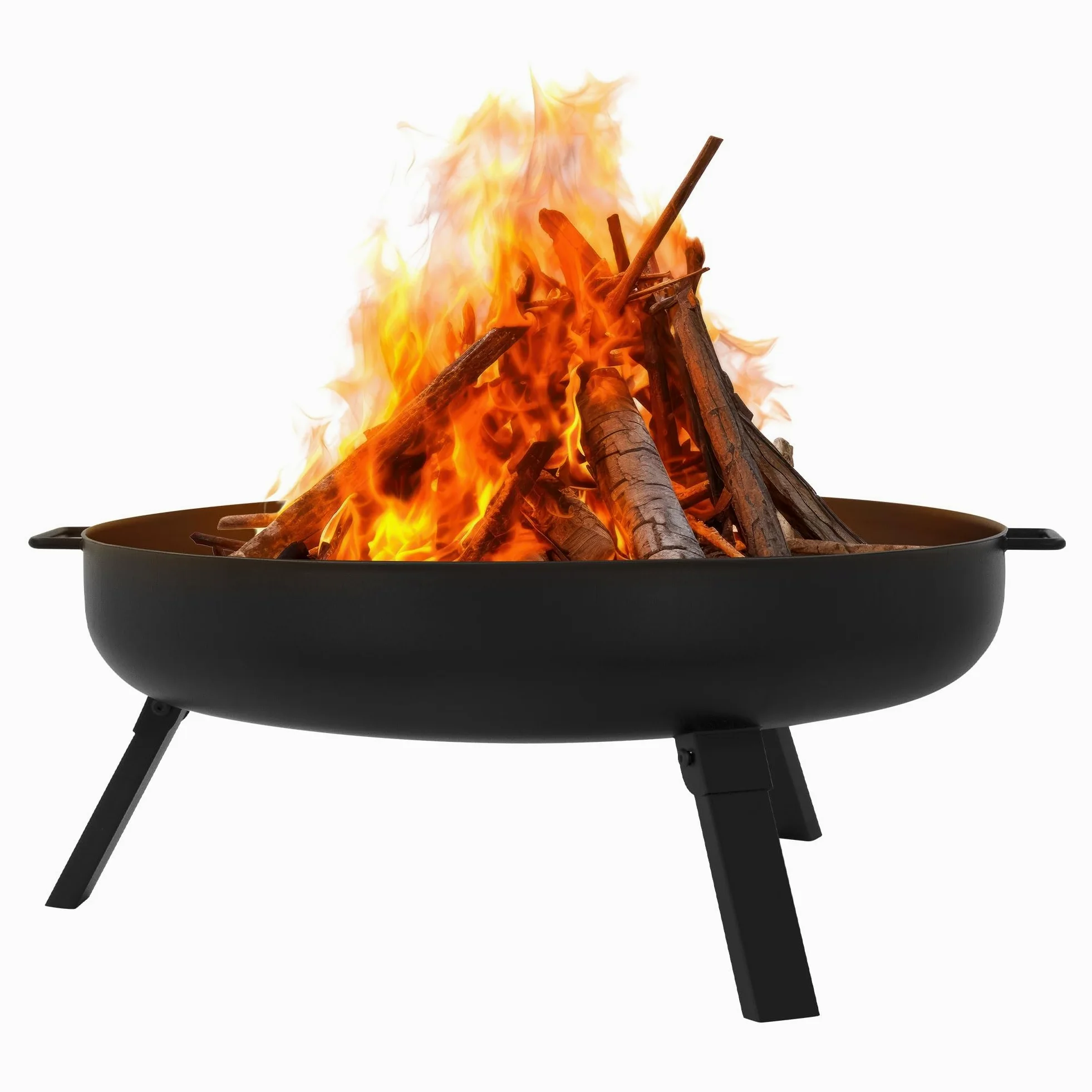 ECD Germany Cuenco de Fuego 60 x 27 cm Brasero Exterior Redondo de Acero con 3 Patas Plegables y Asas de Transporte, Fire Bowl Negro con 2 Agujeros de Drenaje Ideal para Barbacoas de Jardín o Camping