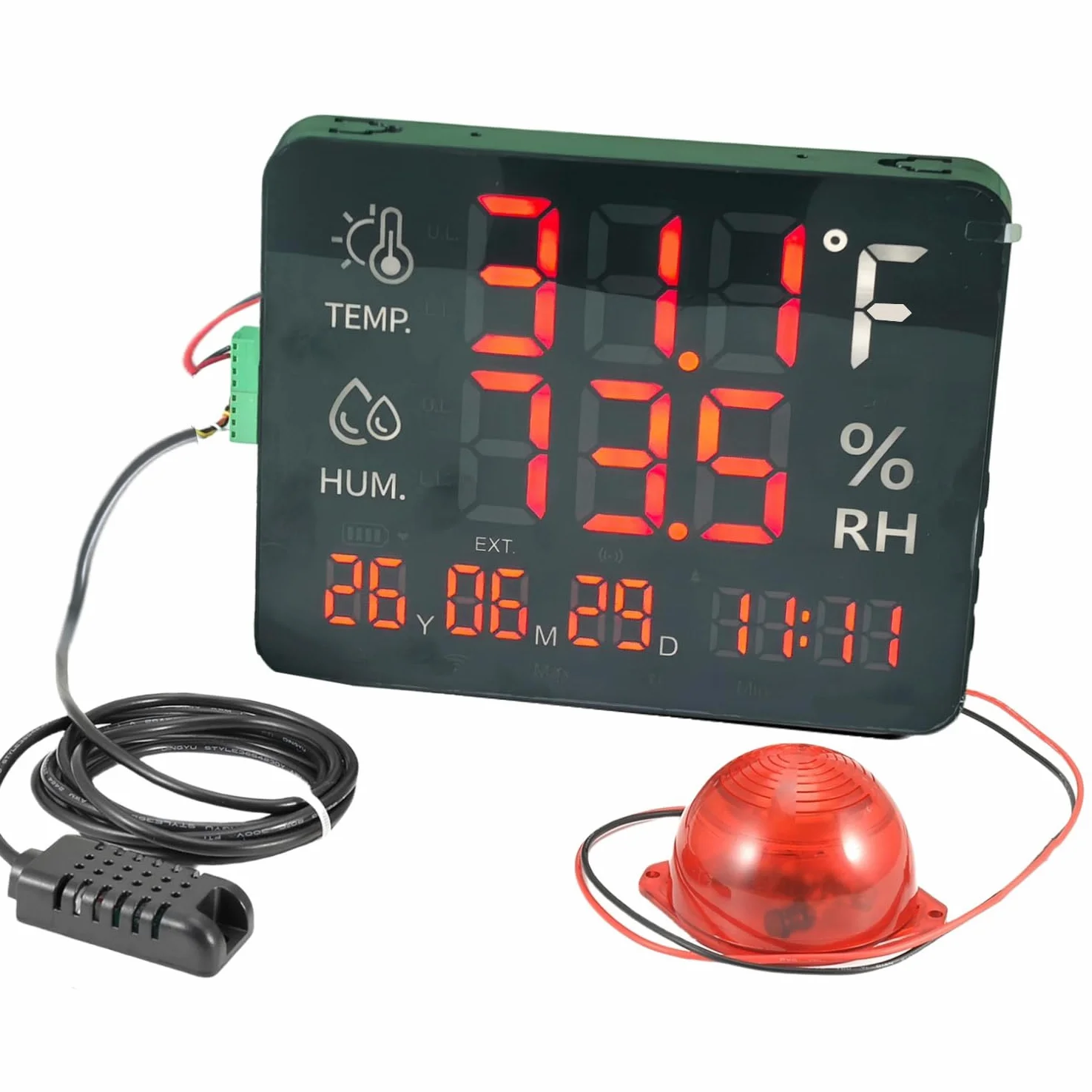 Termómetro de pantalla grande, luz de advertencia de temperatura grande, máximo mínimo para monitorear alta y baja temperatura, sensor de humedad, alerta de alarma, termómetro higrómetro con hora y