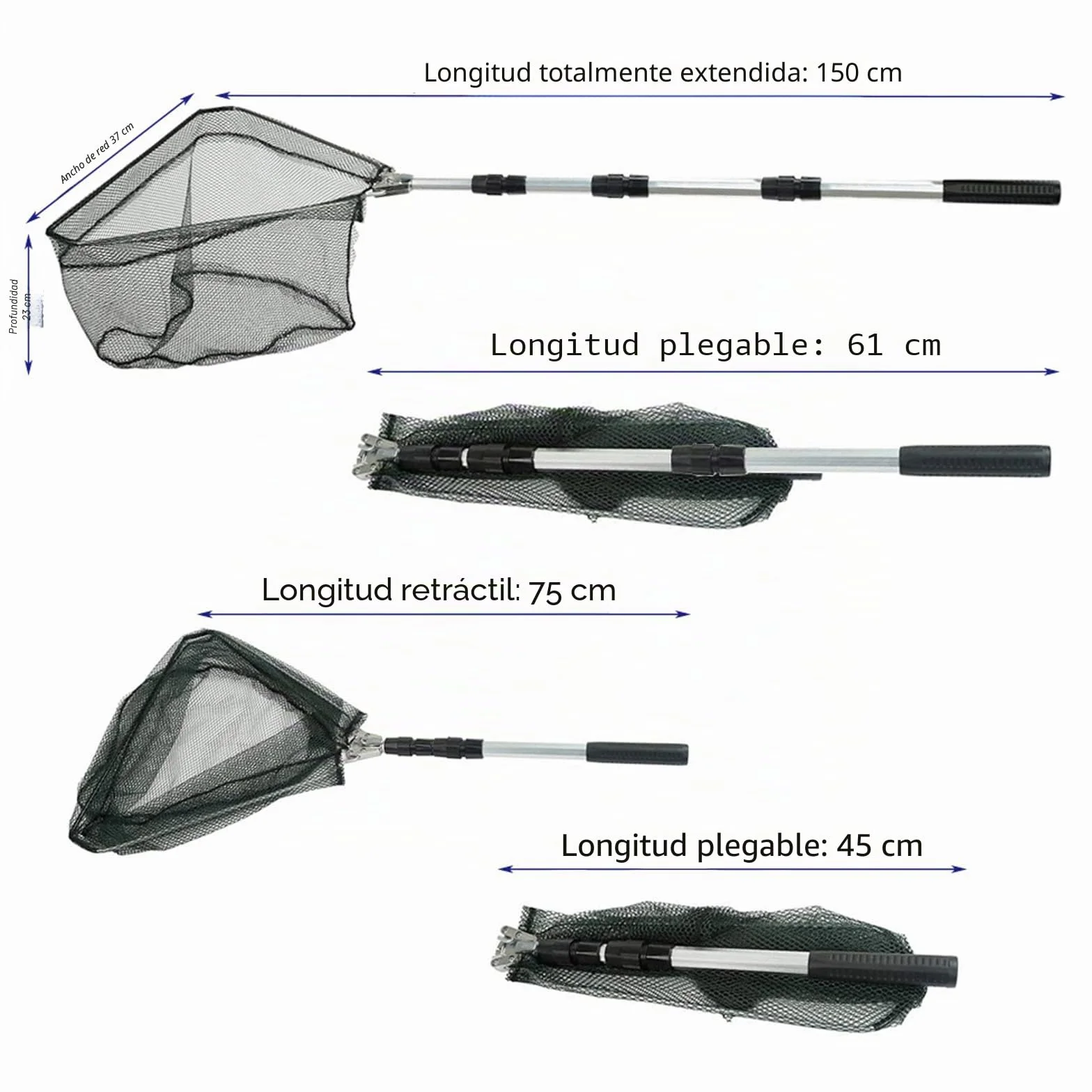 Red de Pesca de Acero Inoxidable Triangular Plegable 1,9 m Mango Telescópico Extensible