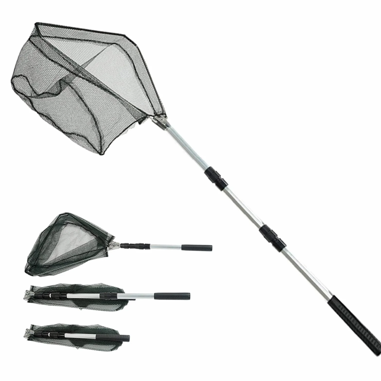 Red de Pesca de Acero Inoxidable Triangular Plegable 1,9 m Mango Telescópico Extensible