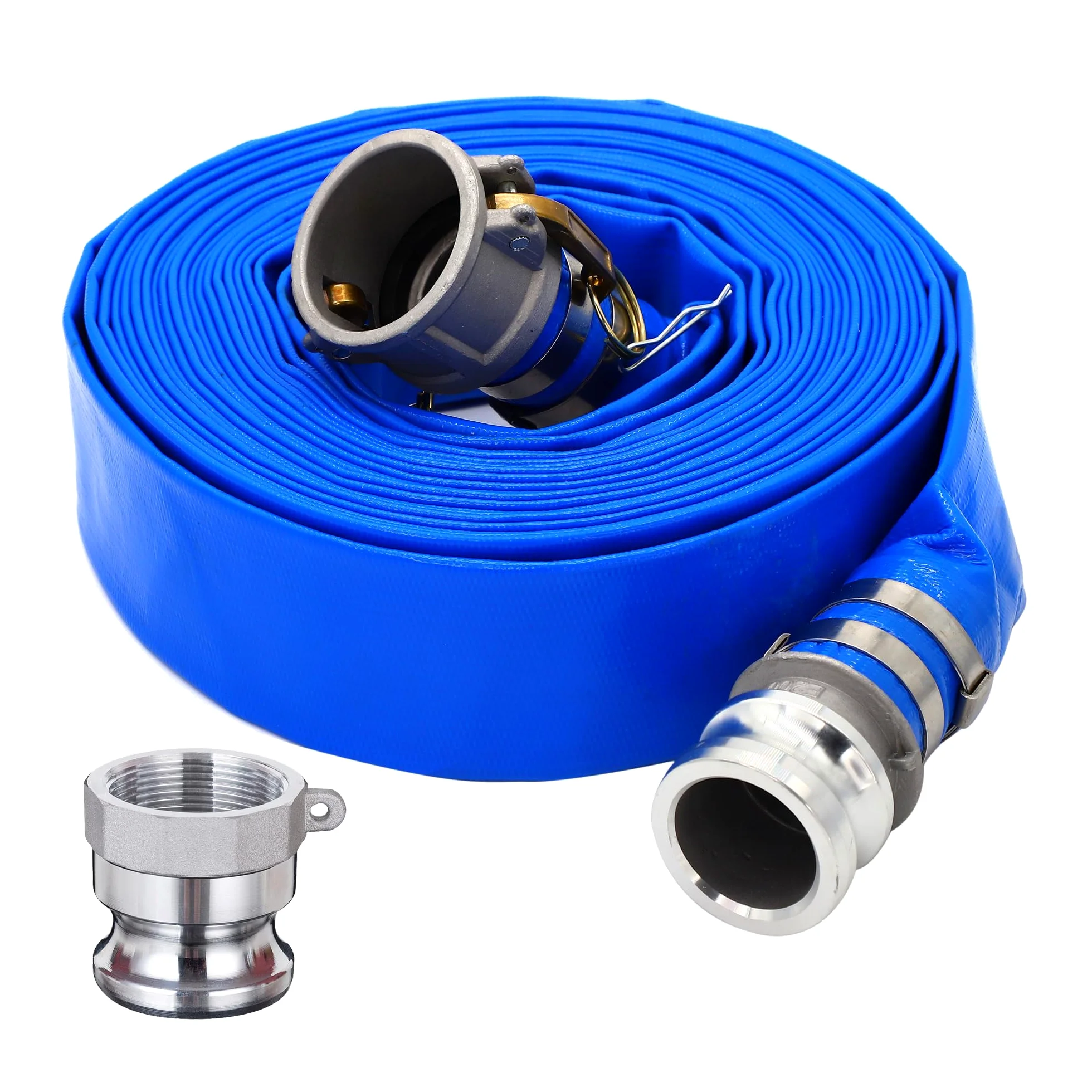 DAVCO Manguera de descarga plana de PVC de 1.5 pulgadas de diámetro interior x 50 pies, mangueras de retrolavado de piscina azul reforzadas resistentes para piscinas de drenaje, con accesorios Camlock