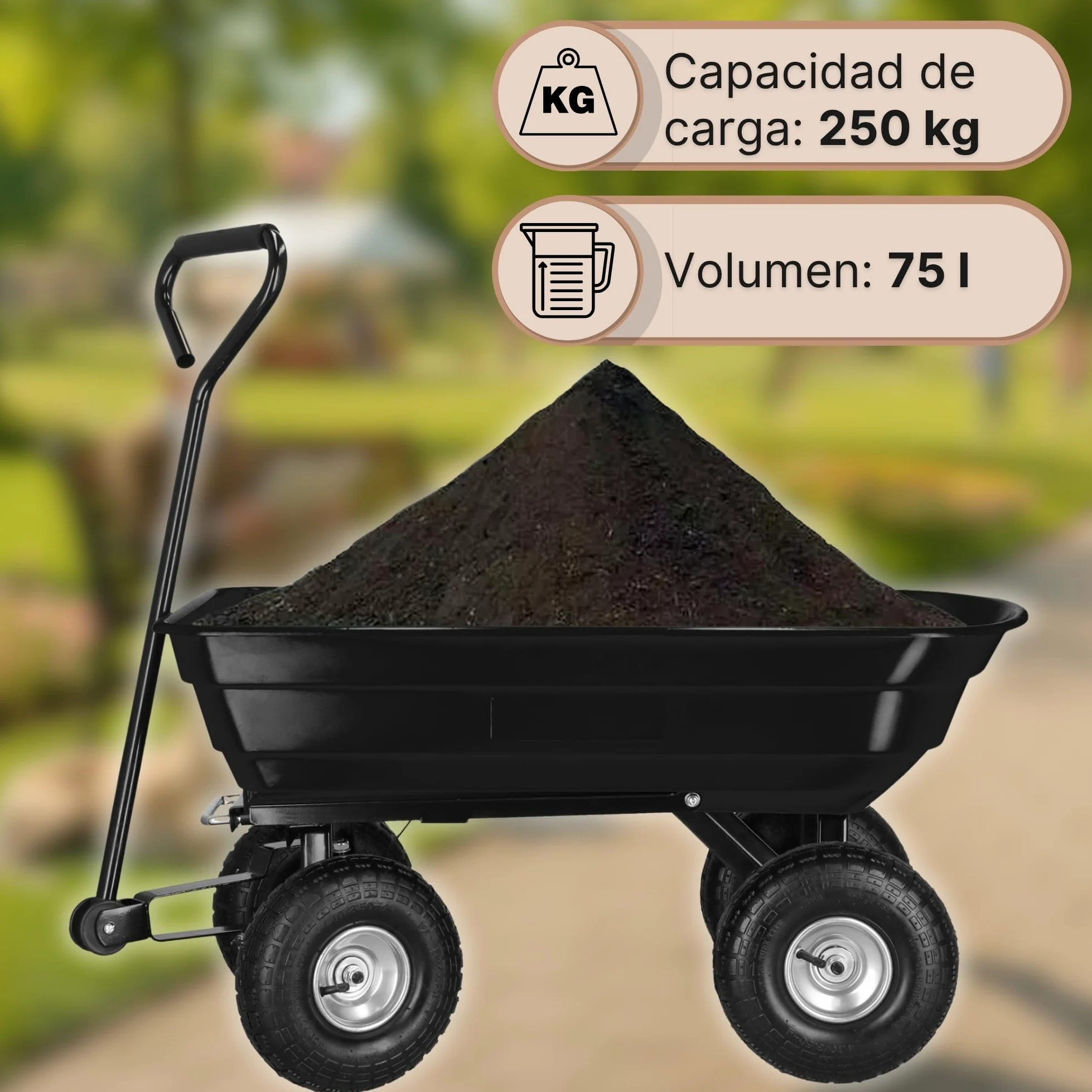 SPRINGOS Carro de jardín con función basculante, carretilla de transporte de 250 kg, 75 l