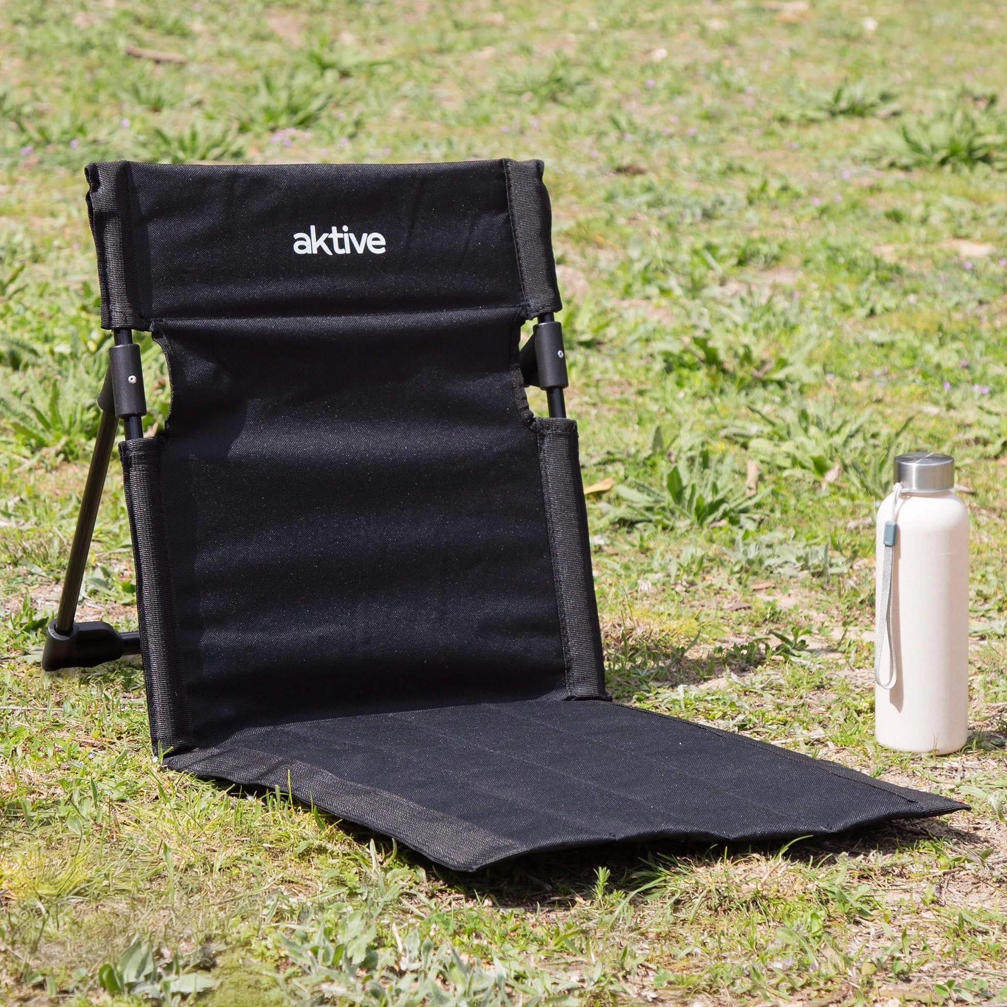 AKTIVE Silla Plegable de Suelo Negra con Respaldo Ajustable y Funda de Transporte, Estructura de Acero y Tejido Oxford, Ligera y compacta, para Camping, Playa y Exteriores (62459)