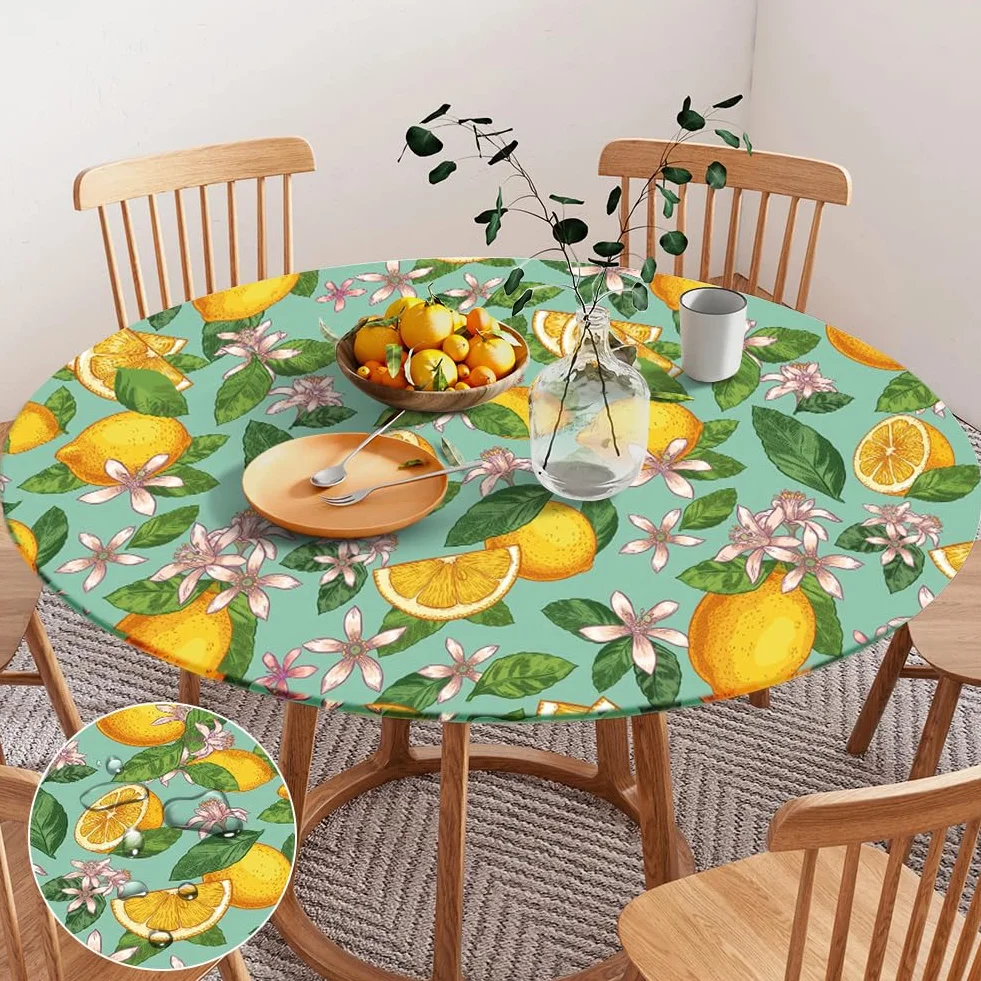 Yuragim Mantel redondo para exteriores con goma elástica, 90 cm, redondo, lavable, para exteriores, resistente a la intemperie, mantel elástico para jardín con estampado de limón, apto para mesas de