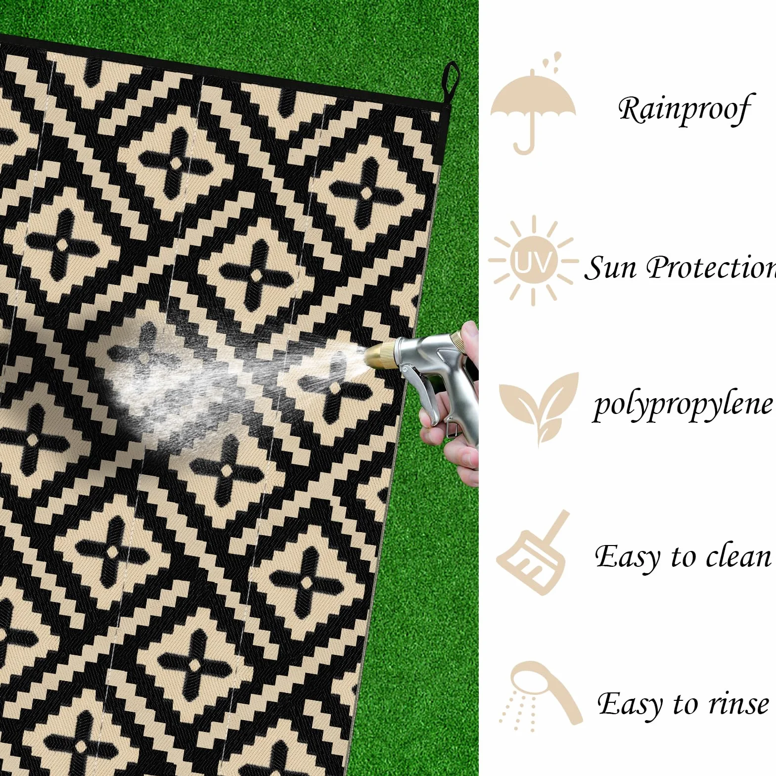 Alfombra de exterior geométrica de paja de plástico, protección UV, alfombra de terraza reversible, lavable, impermeable, para camping, jardín, para balcón, caravana, color negro y beige, 180