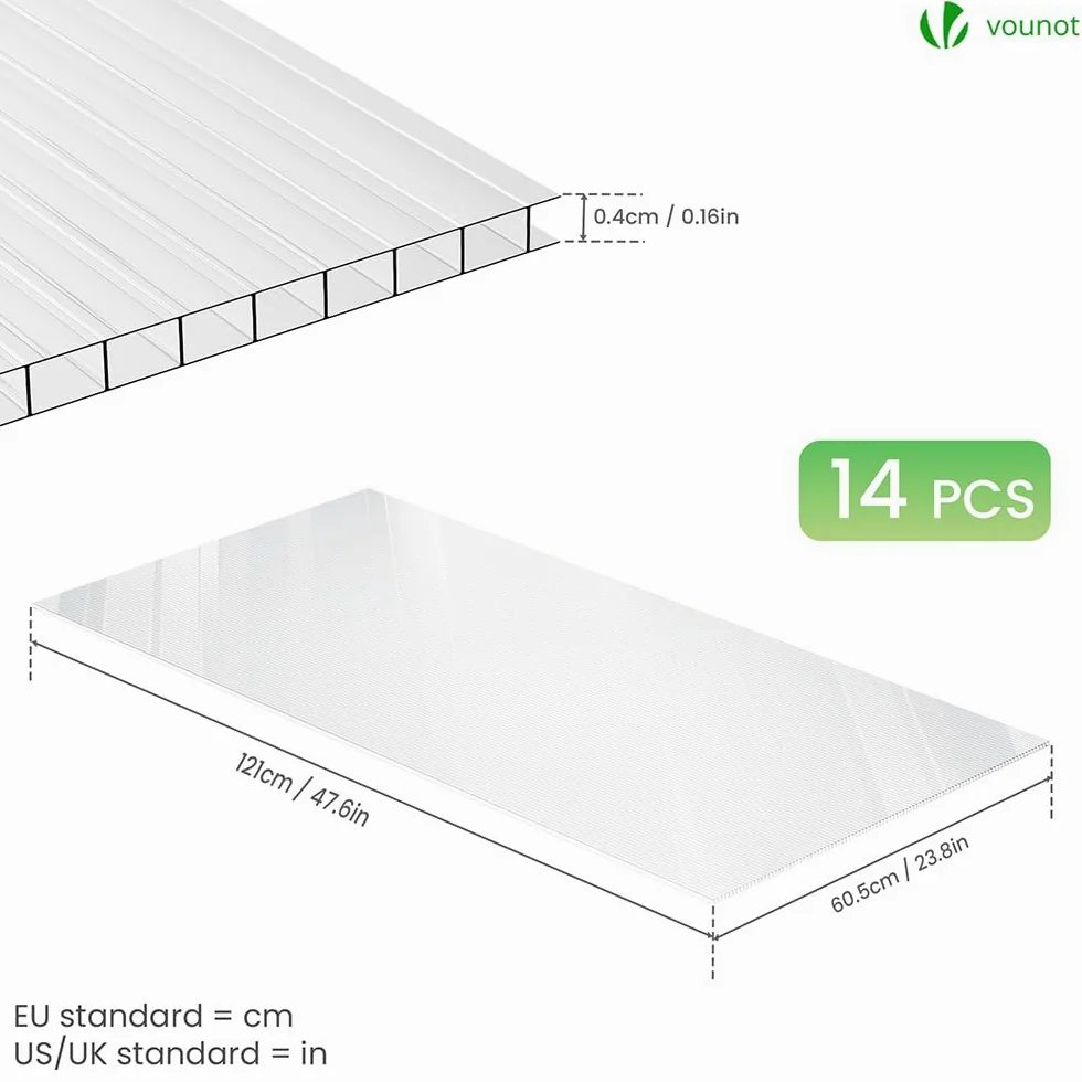 Placas de Policarbonato 4mm 60,5x121cm 10,25 m² Resistentes a Rayos UV y Golpes Planchas Alveolares Transparente para Invernadero