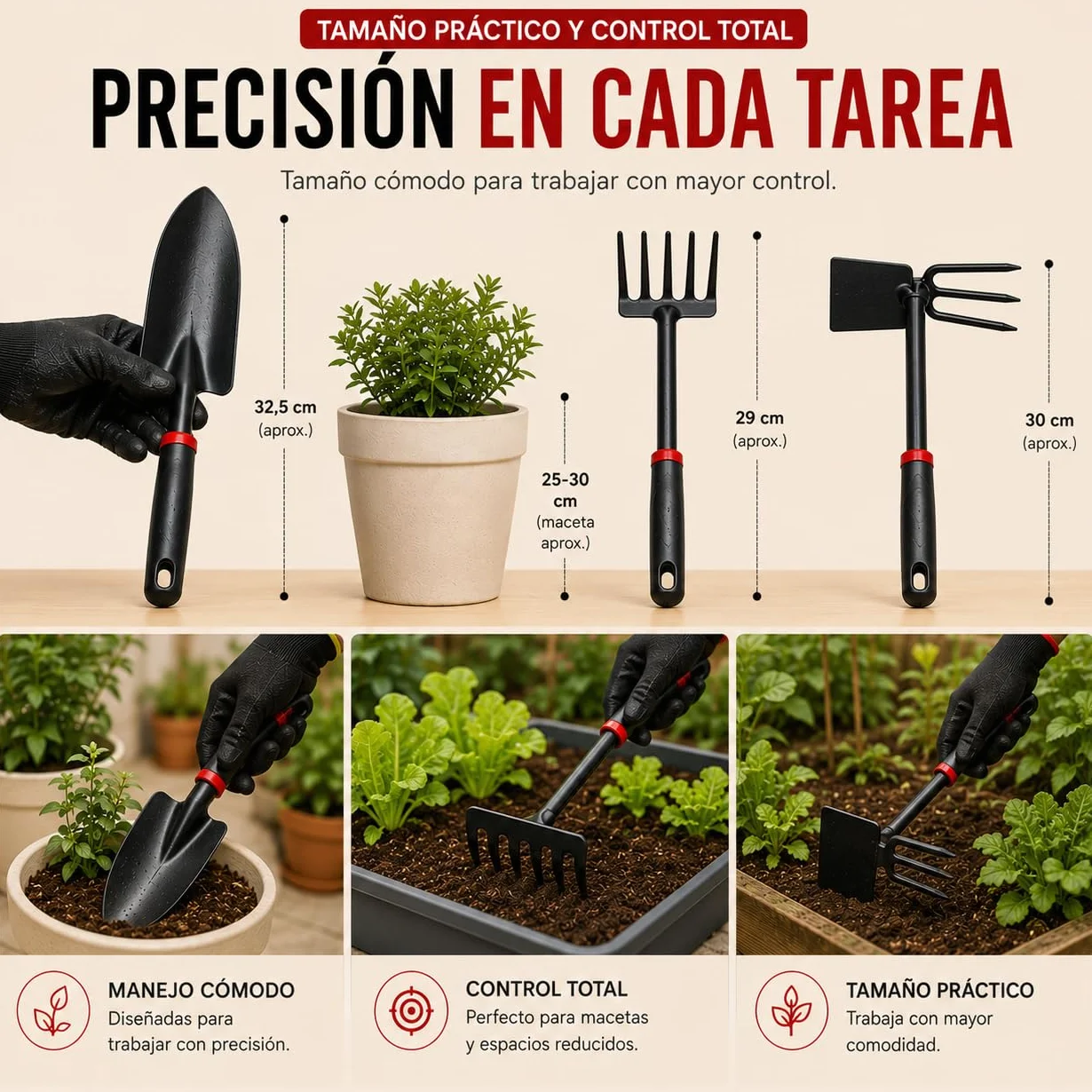 Kit 5 Herramientas de Jardinería de Metal Que Incluye Tijeras de Podar, Pala Trasplantadora, Rastrillo, Azada Doble y Guantes | Kit jardineria para Jardín, Huerto Urbano y Terraza (Rojo/Negro)