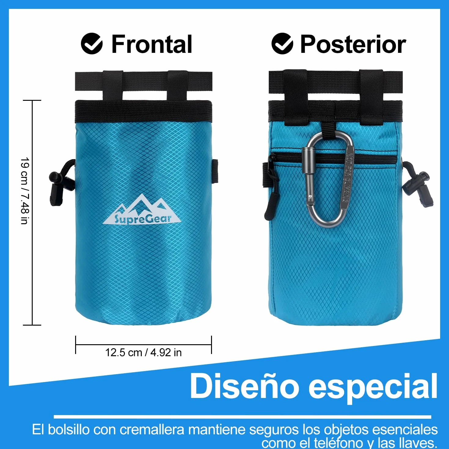 Supregear Bolsa de Magnesio para Escalada en Roca, Bolsillo Grande con Cremallera, Cierre de Cordón y Mosquetón